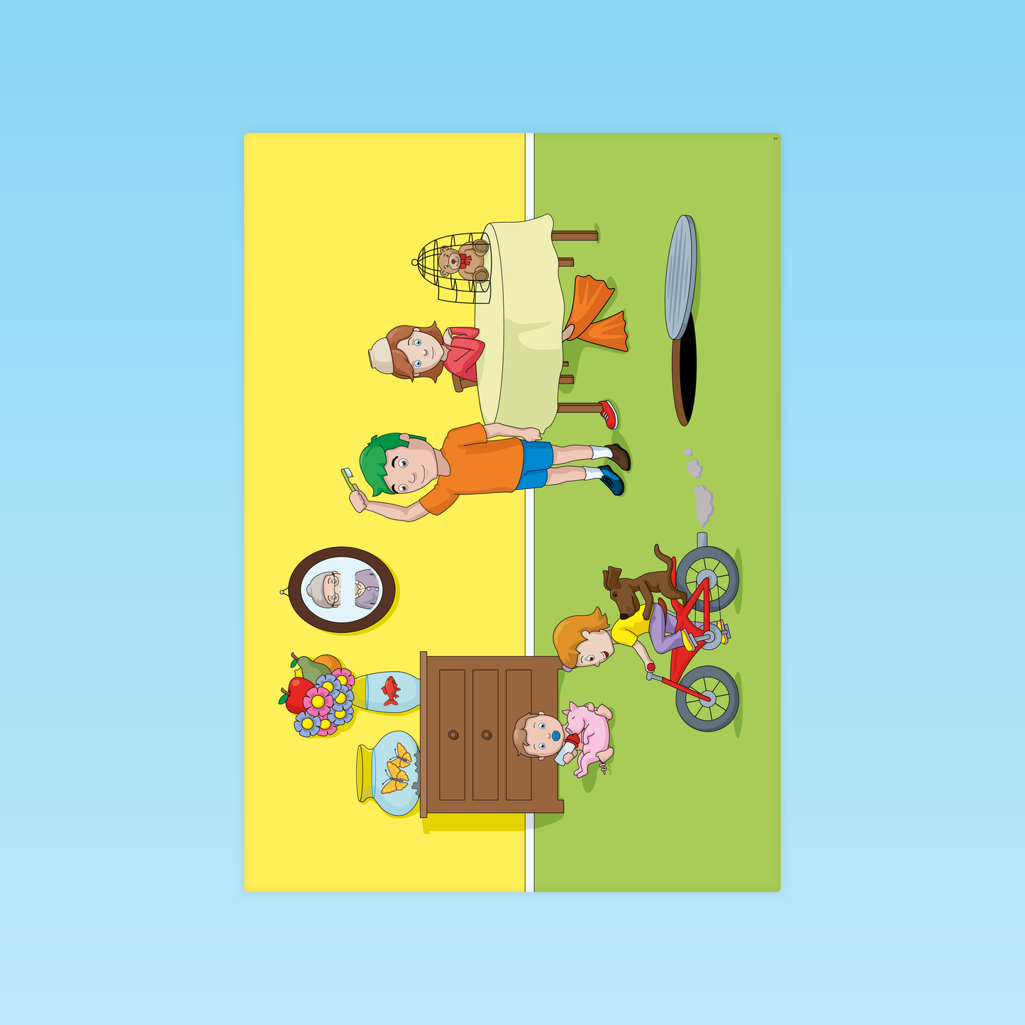 affiche MS montrant un avant-après avec un enfant se brossant les dents et les mêmes personnages en train de faire du vélo