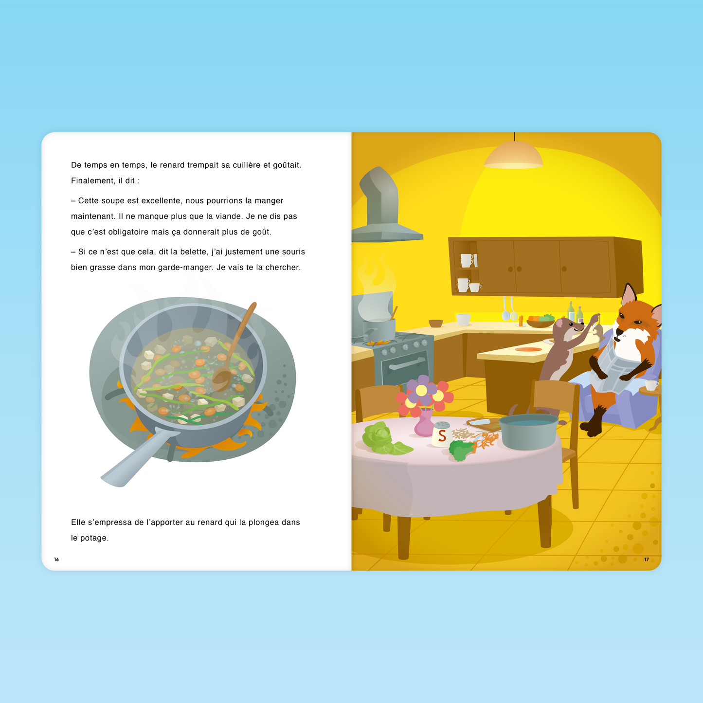 Le renard et la belette dégustent la soupe aux cailloux ensemble dans la cuisine dans l’album enseignant