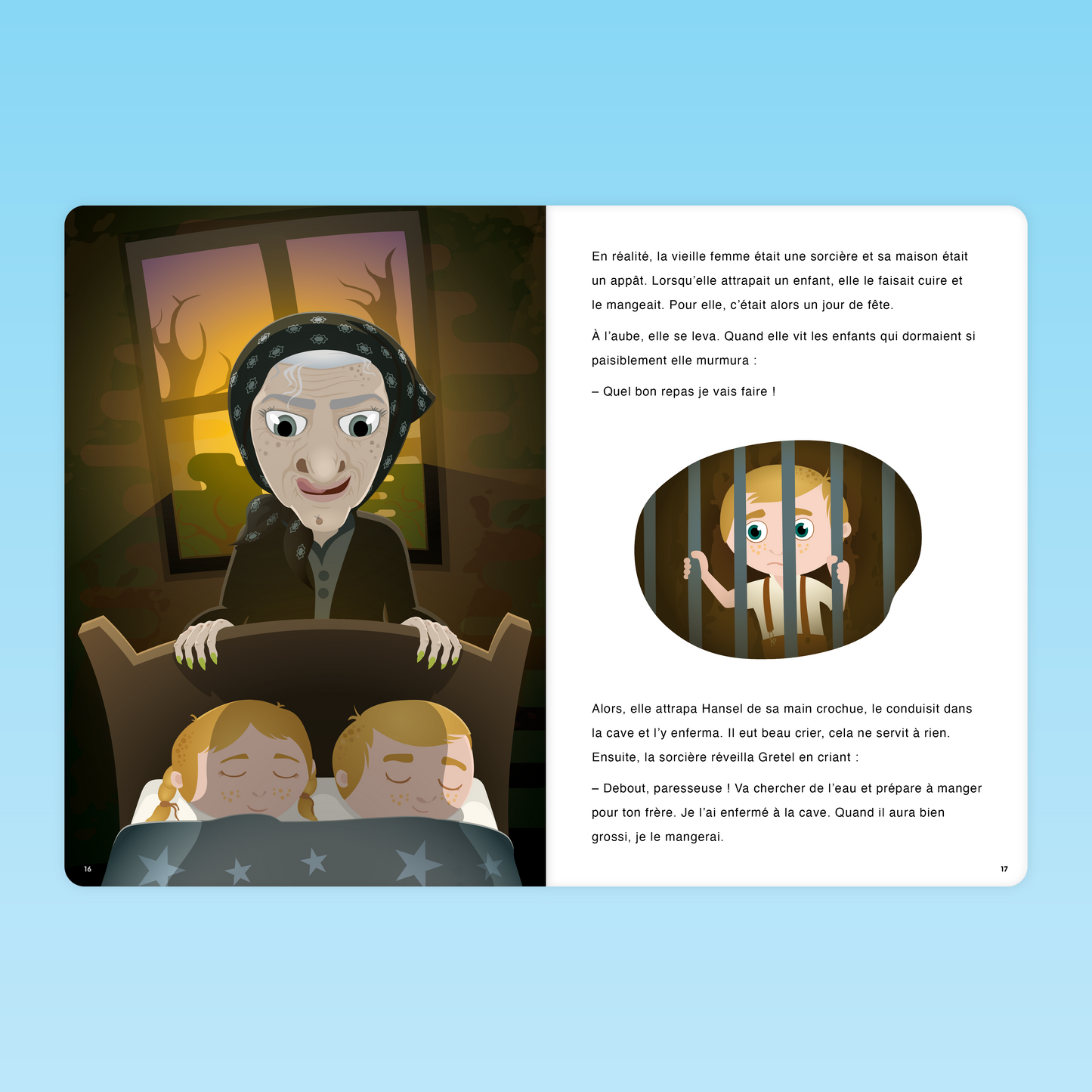 la sorcière observe Hansel et Gretel endormis avant d’enfermer Hansel dans une cage pour le dévorer