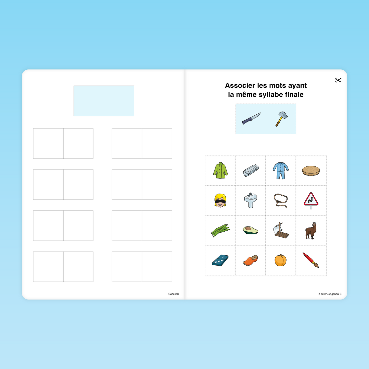 exercice GS pour associer des mots ayant la même syllabe finale dans le cadre d’un travail de phonologie