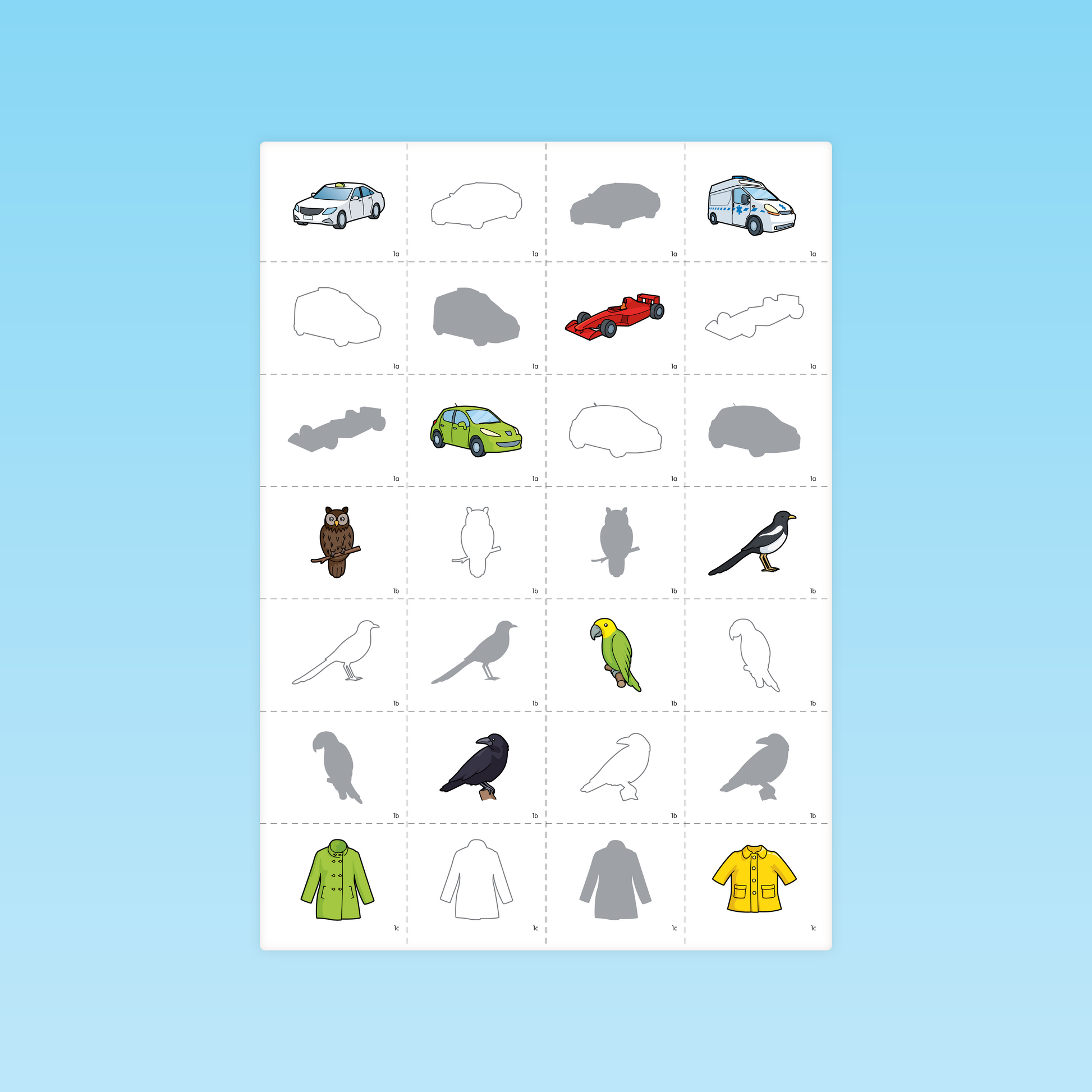 Fiche MS pour associer véhicules, oiseaux et vêtements à leurs contours et ombres