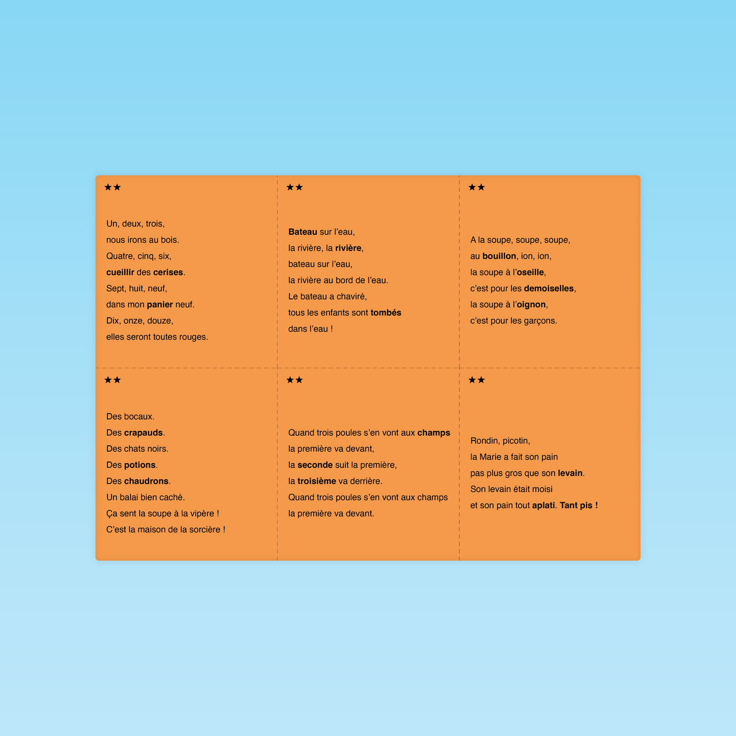 planche de courts textes en rimes et comptines à copier, module textes organisés