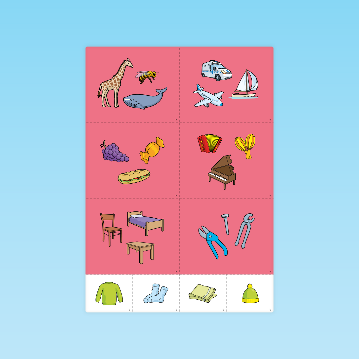 Cartes illustrées colorées du jeu Œil rapide avec animaux, véhicules, meubles, etc.