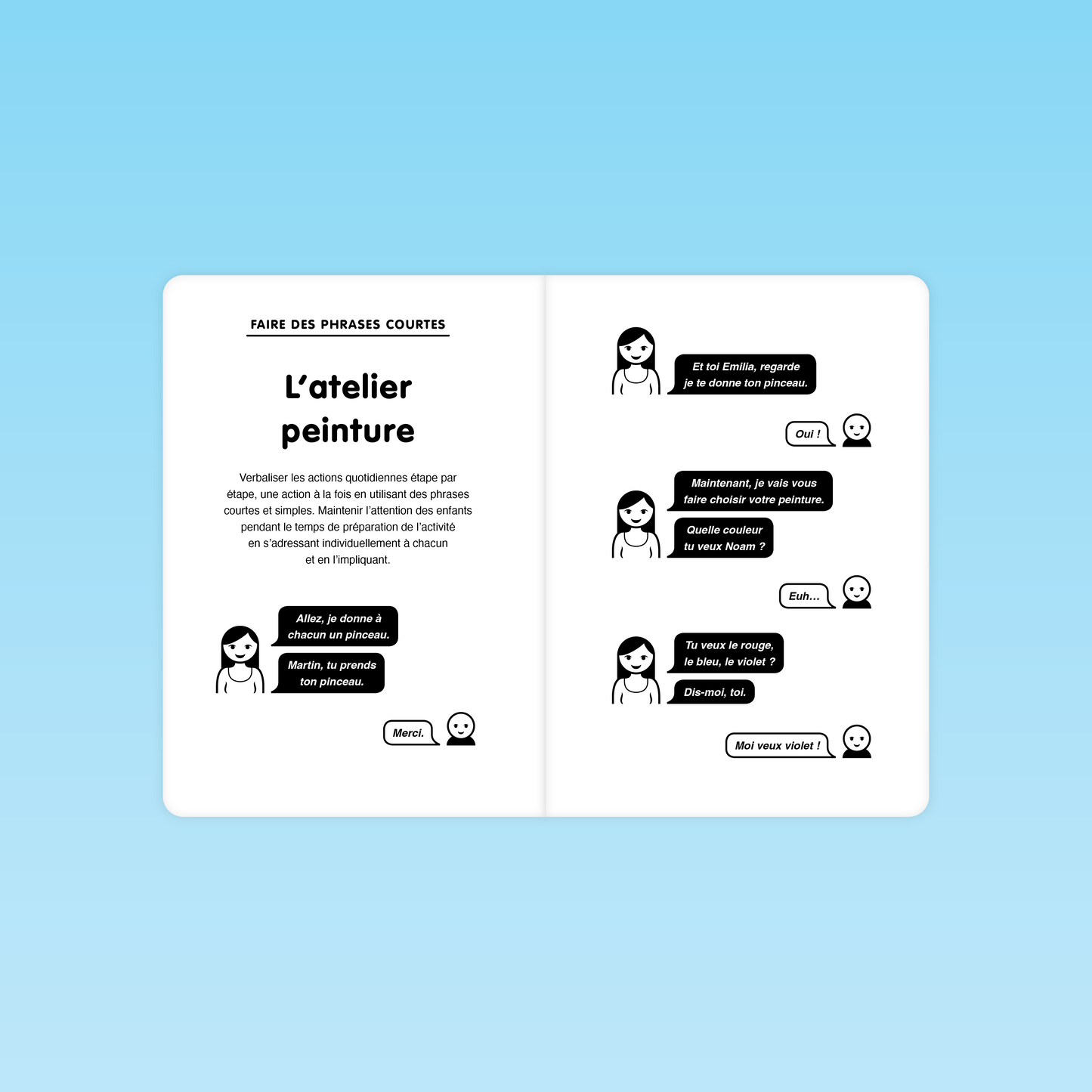 exemple de situation langagière à l’atelier peinture pour faire des phrases courtes et impliquer chaque élève individuellement