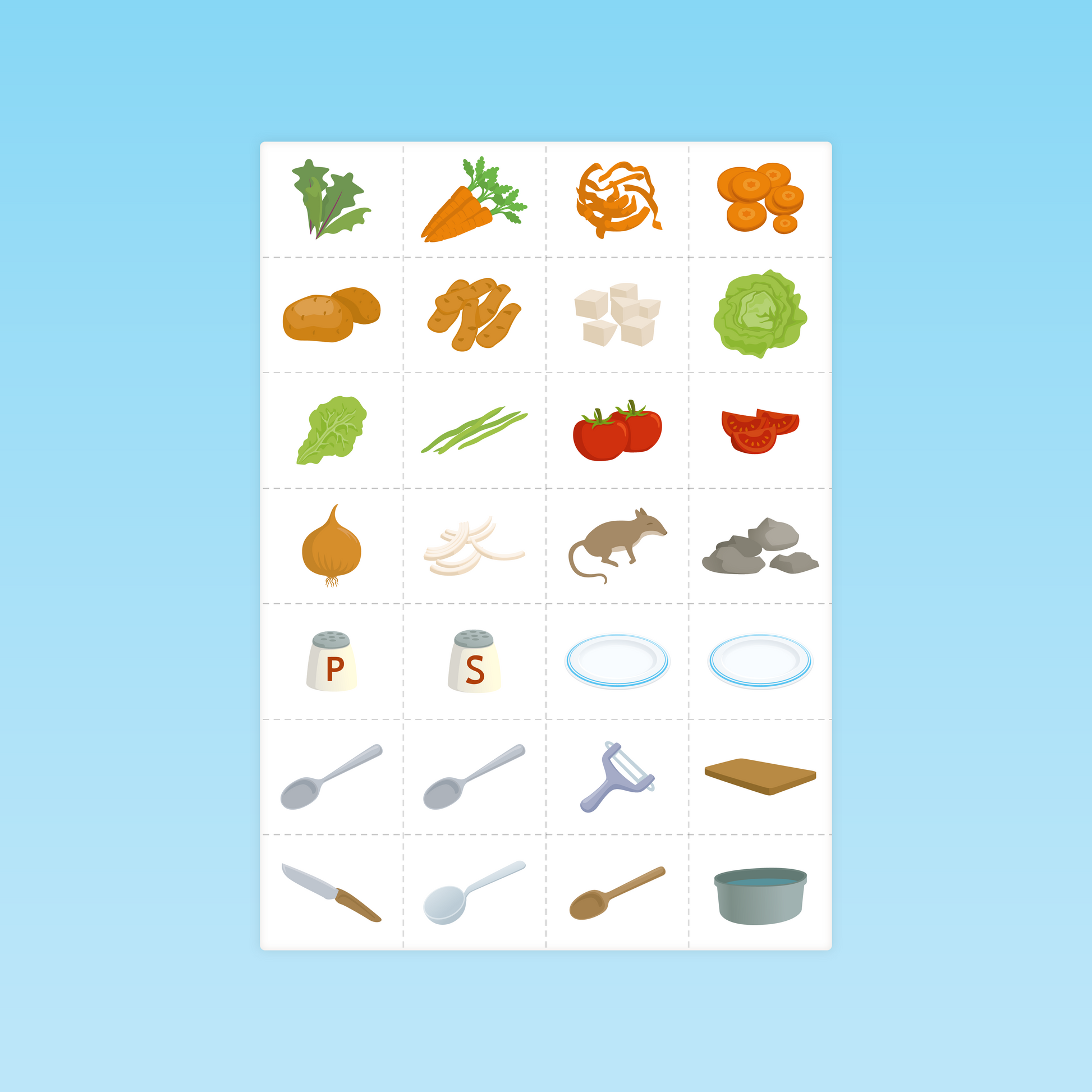 Cartes illustrées d’aliments et ustensiles pour activités de langage autour de La soupe aux cailloux