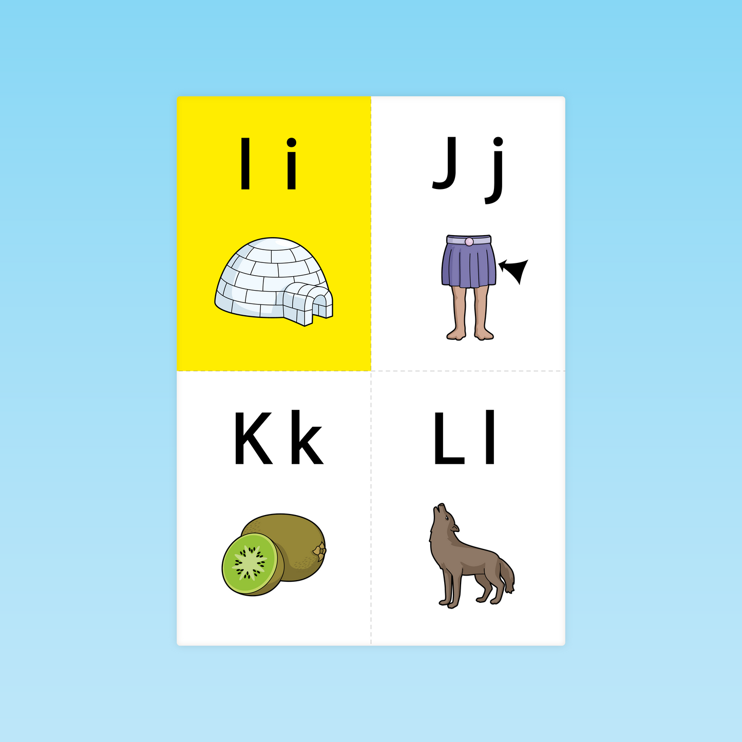 Cartes mots-clés des lettres I J K L avec illustrations pour l'apprentissage en CP