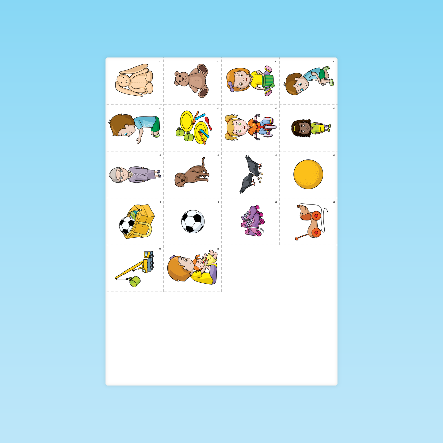 planche de cartes avec objets, personnages et animaux pour activité de modélisation de situation en moyenne section