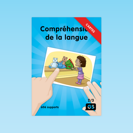 couverture des cartes de compréhension de la langue GS montrant des mains manipulant des vignettes illustrées