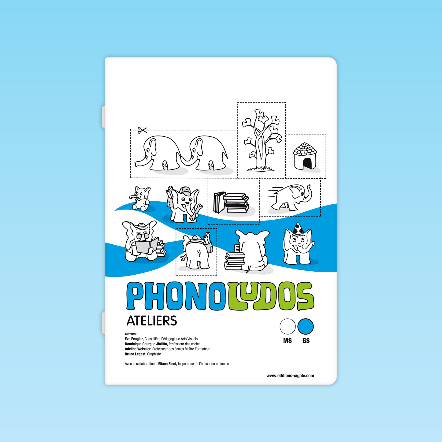 Couverture du fichier Phonoludos GS avec illustrations d’éléphants et de personnages