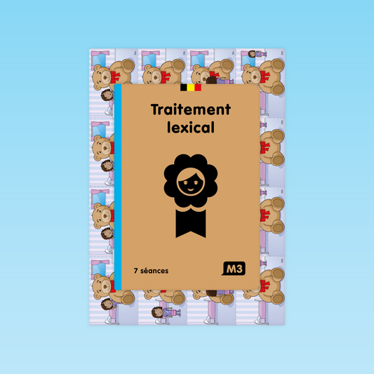 couverture du guide 7 séances traitement lexical M3 éditions Cigale avec planche de cartes illustrées en arrière-plan