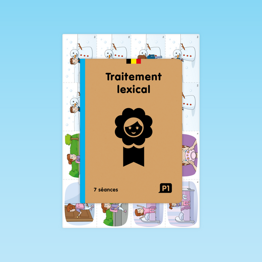 couverture du guide 7 séances traitement lexical P1 éditions Cigale avec planche visuelle d’activités en arrière-plan