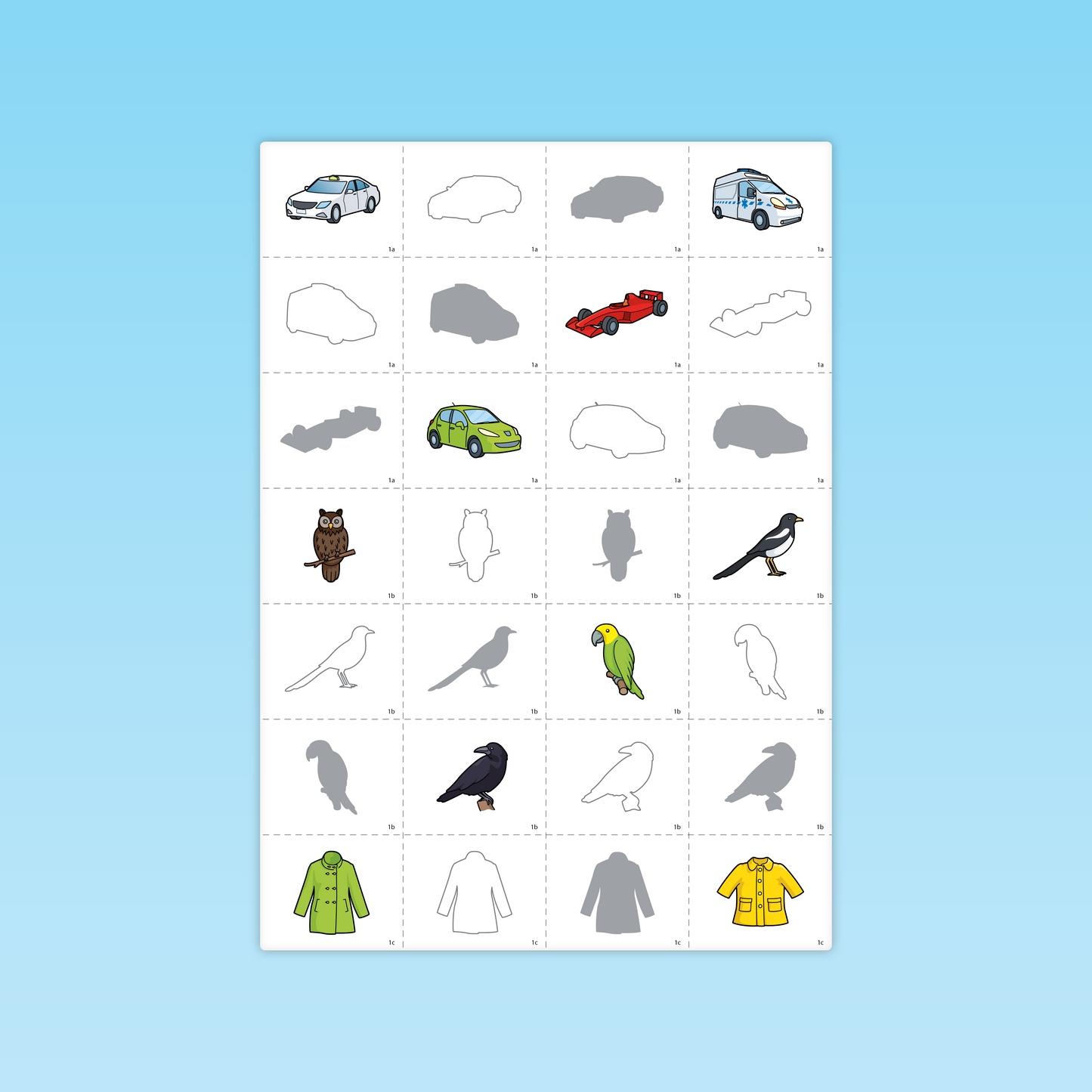 Cartes attention MS : voiture, oiseaux, vêtements, repérage des contours et silhouettes