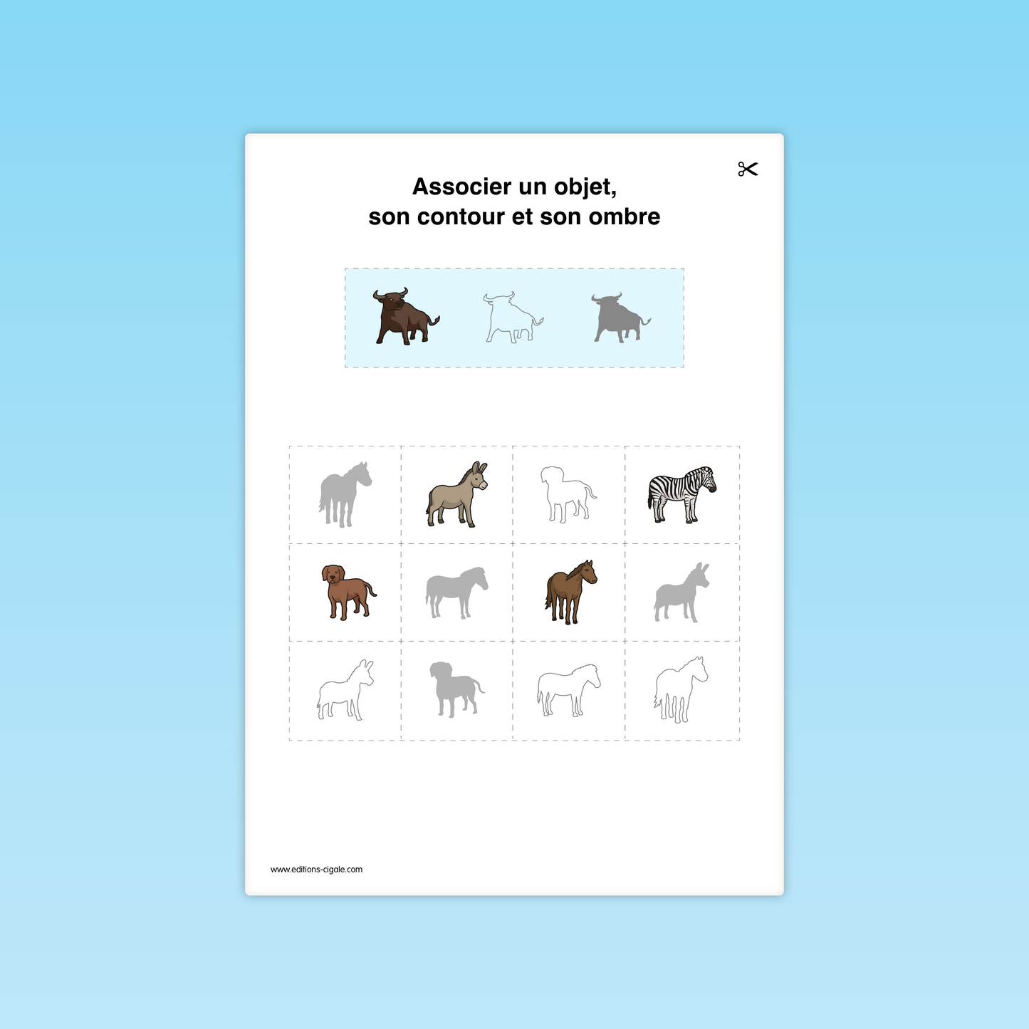 Fiche MS : relier cheval, chien, âne, zèbre à leur silhouette et leur ombre
