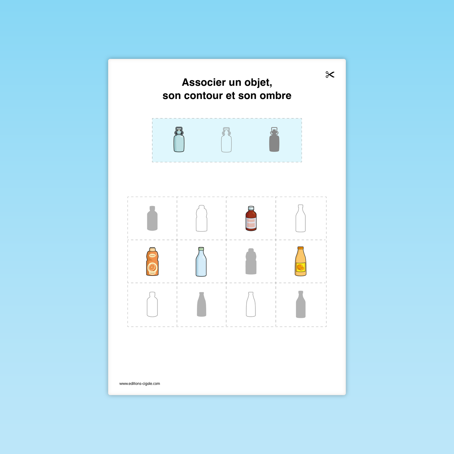 Fiche MS : associer bouteilles, flacons et briques à leurs ombres et contours respectifs