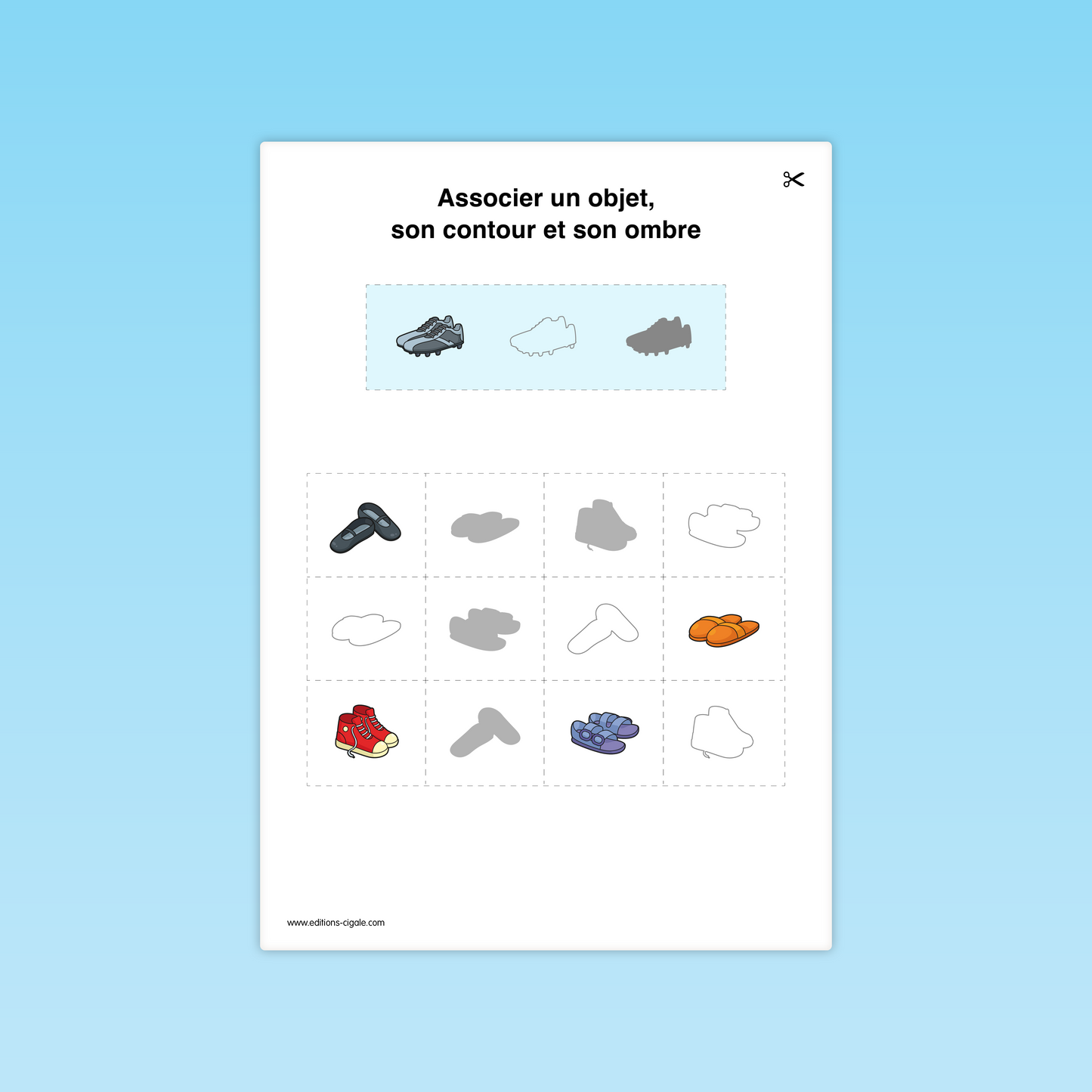 Fiche MS à imprimer : sandales, baskets, chaussons, ombres et contours à relier