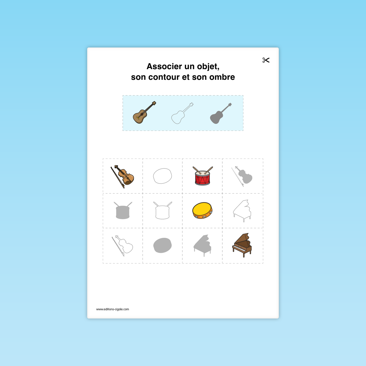Fiche MS de discrimination visuelle : violon, tambour, piano, ombres et contours à relier