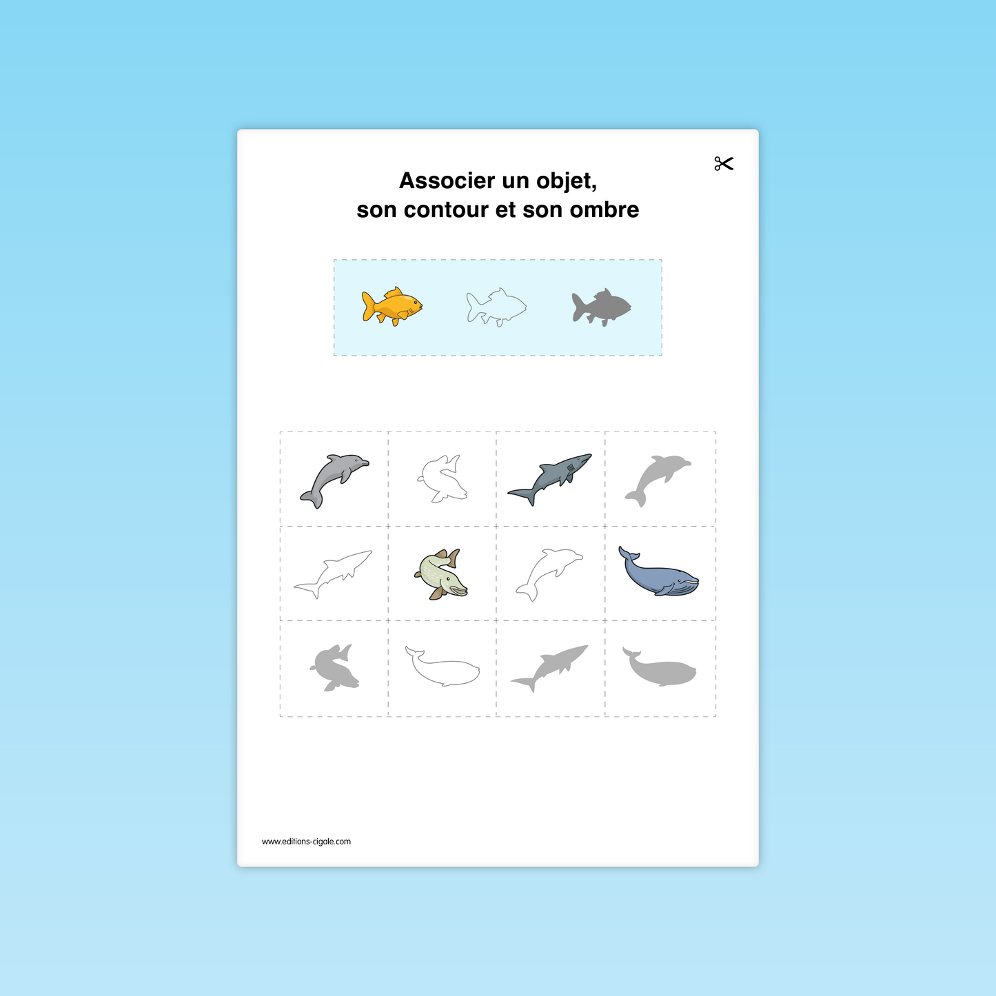 Fiche MS d’attention visuelle : dauphin, brochet, requin, baleine, ombre et contour à identifier