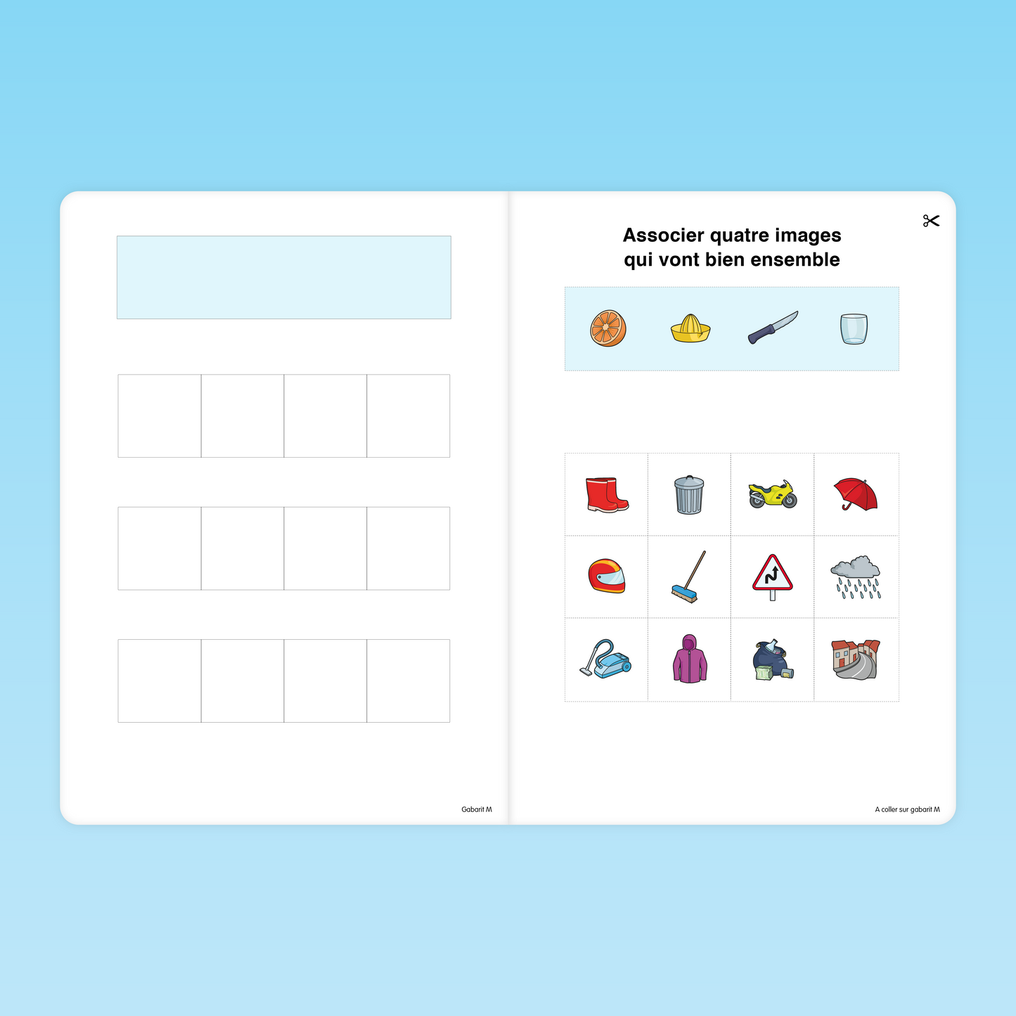 Fiche MS pour associer quatre images liées au thème du jus d’orange, activité de tri d’objets du quotidien et catégorisation visuelle