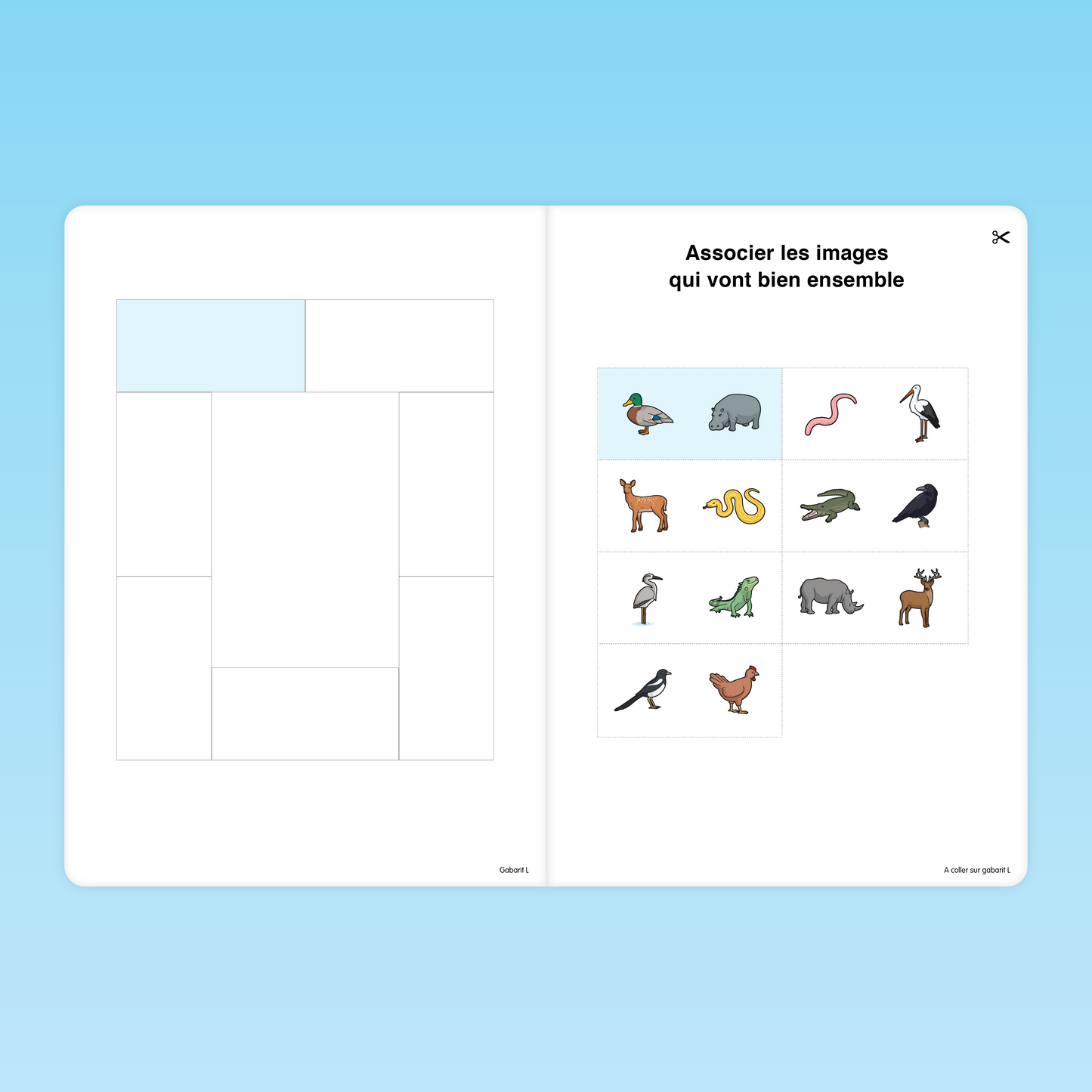 Fiche GS pour associer des images d’animaux appartenant à des groupes différents : oiseaux, reptiles, mammifères, etc.