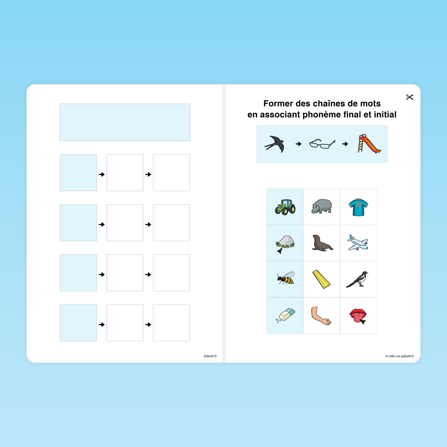 fiche GS pour former des chaînes de mots en associant phonème final et initial, exemple hirondelle, lunettes, toboggan, etc.