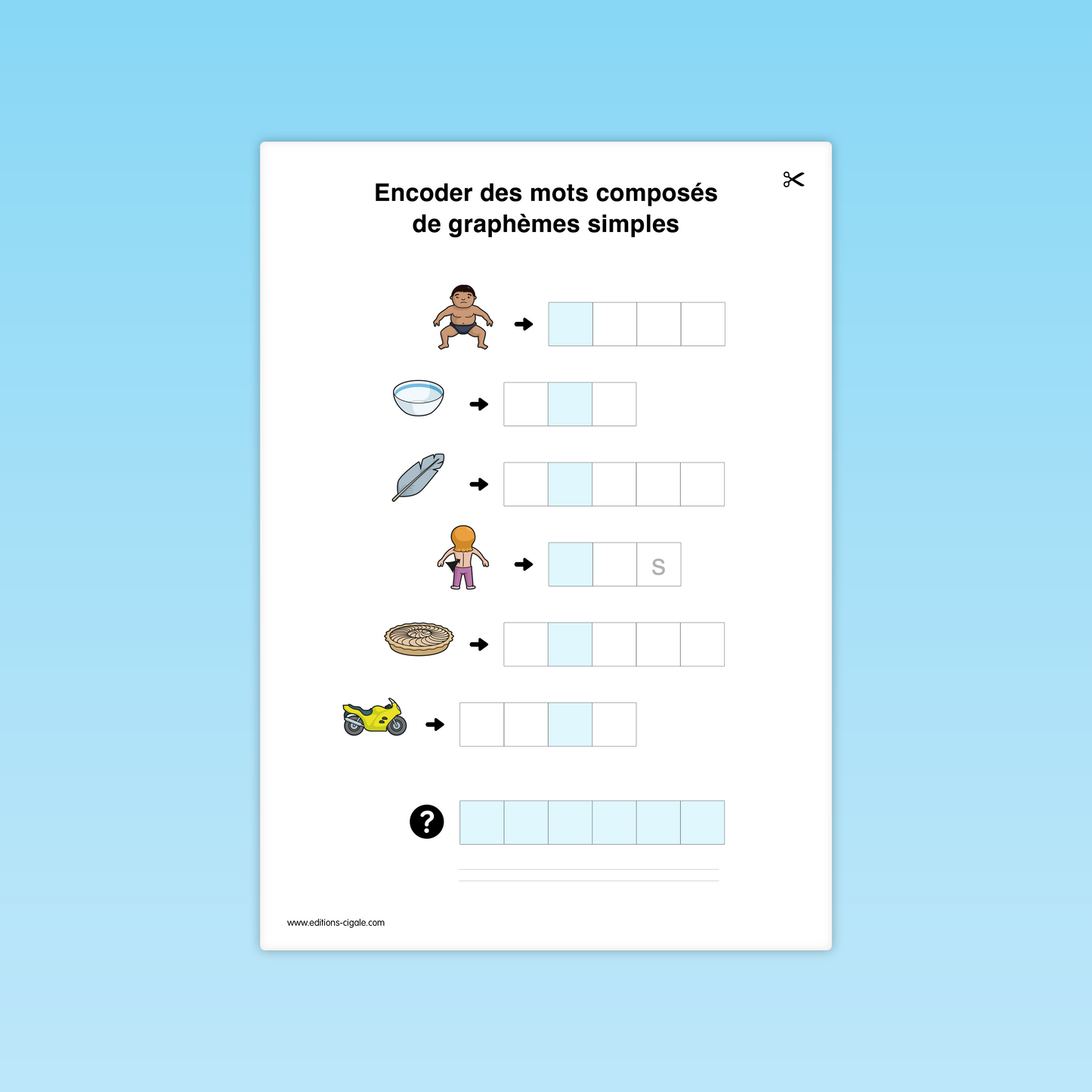 Activité combinatoire CP : encoder des mots simples (sumo, bol, plume, gâteau, moto).