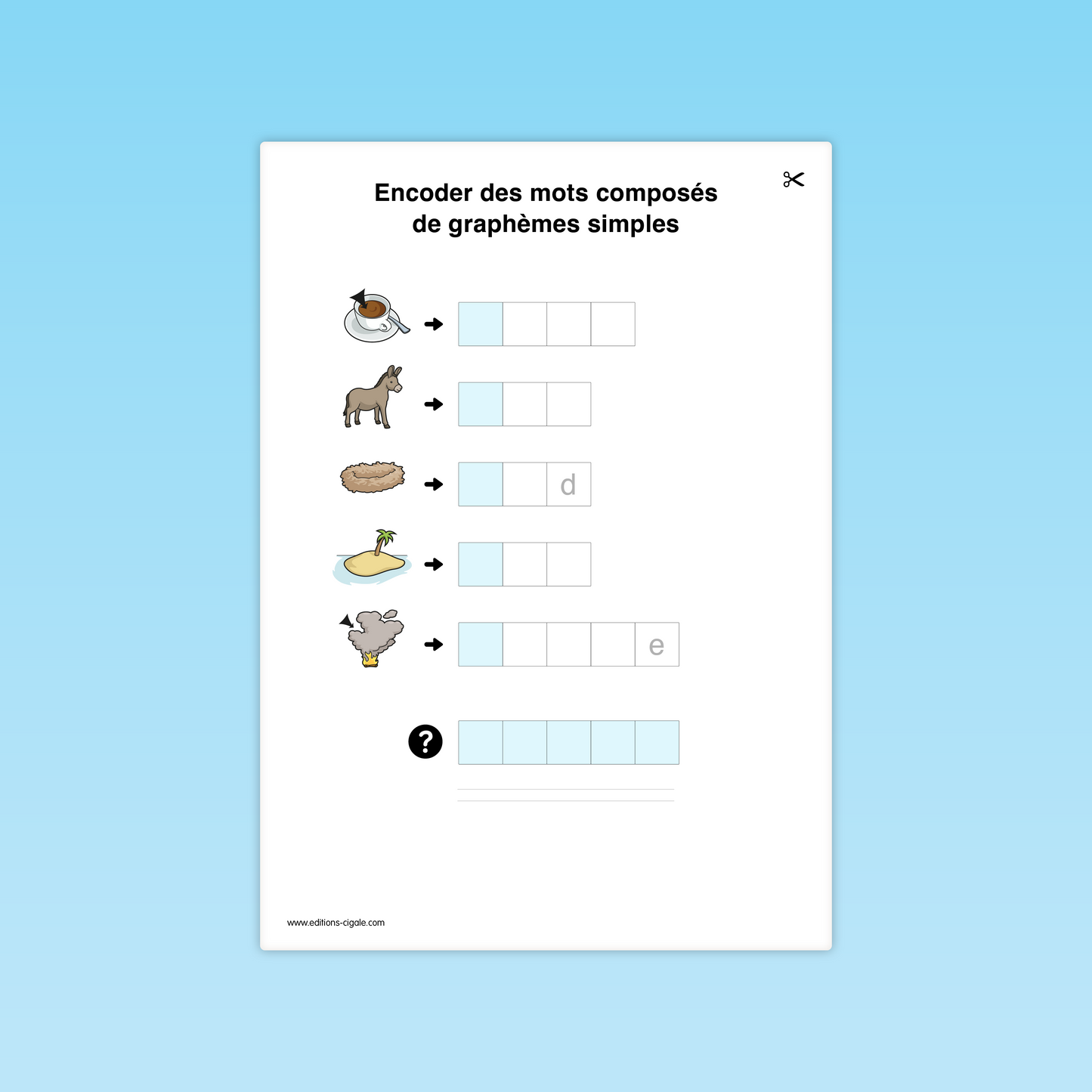Fiche combinatoire CP : encoder les mots illustrés (âne, tasse, nid, île, mouton).