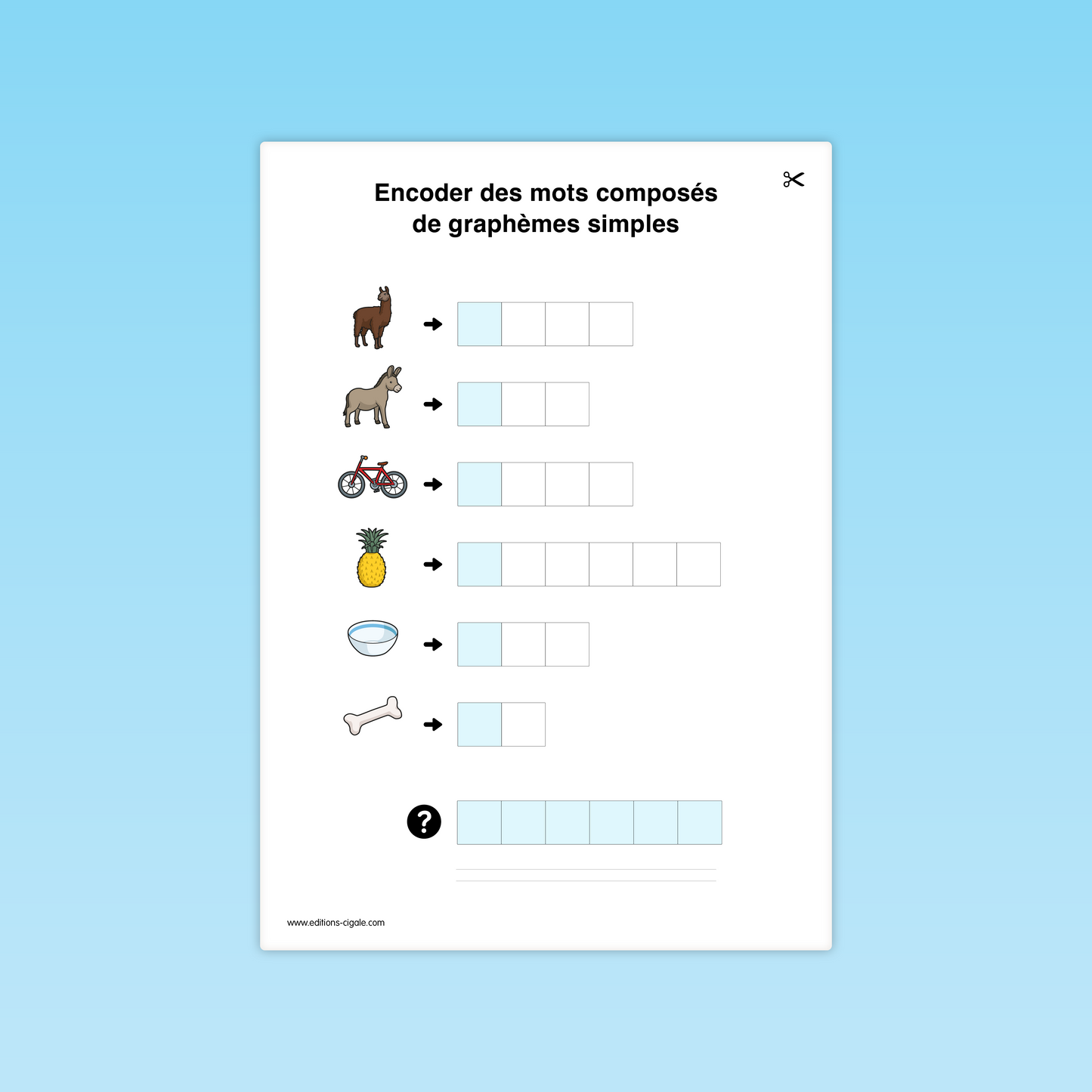 Activité combinatoire CP : encoder des mots simples (lama, âne, vélo, ananas, os).