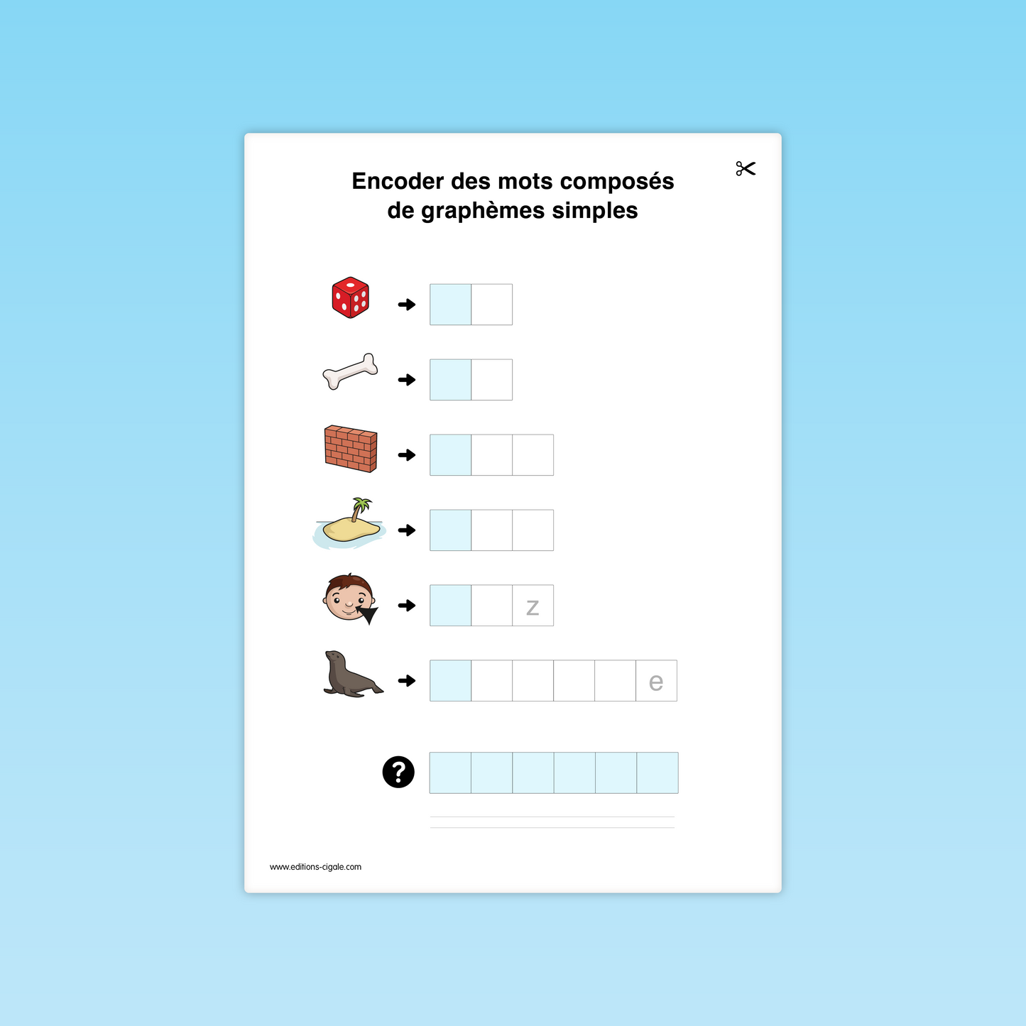Fiche combinatoire CP : encoder des mots illustrés (dé, brique, île, garçon, phoque).