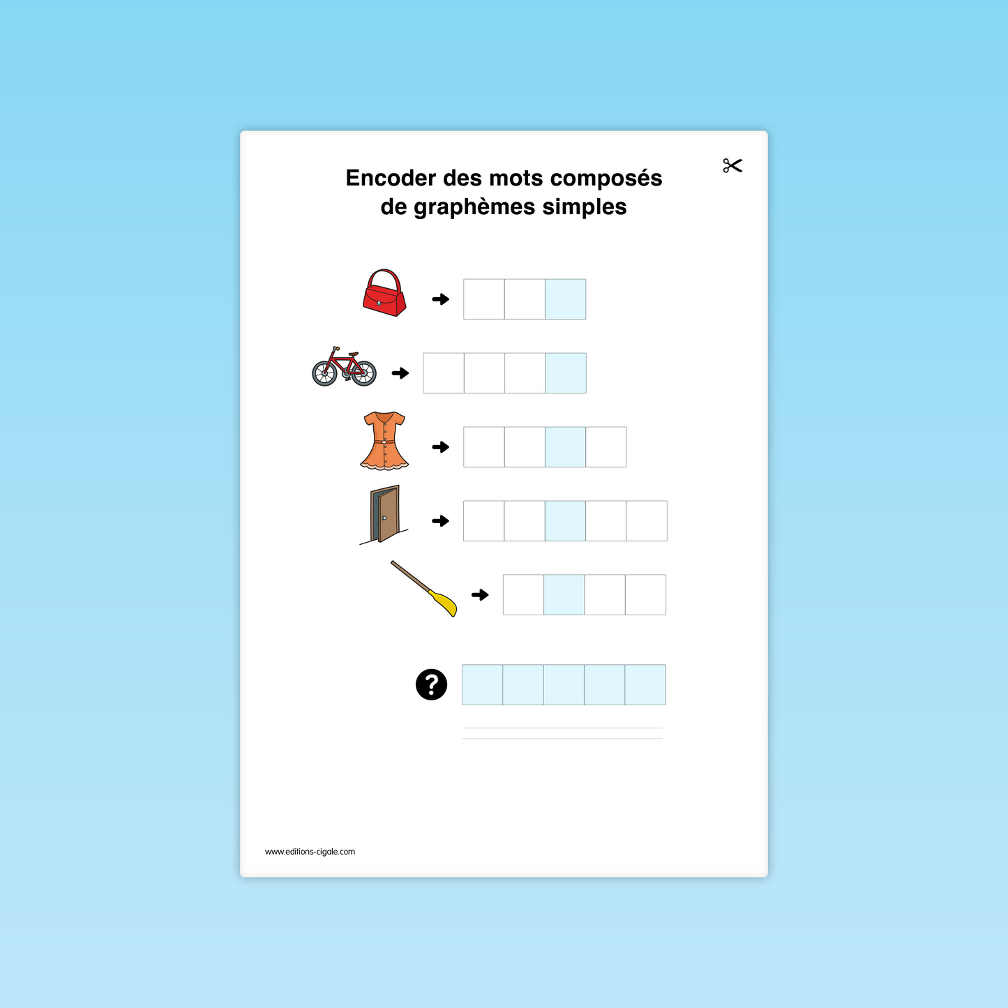Activité combinatoire CP : encoder des mots simples (sac, vélo, robe, porte, rame).