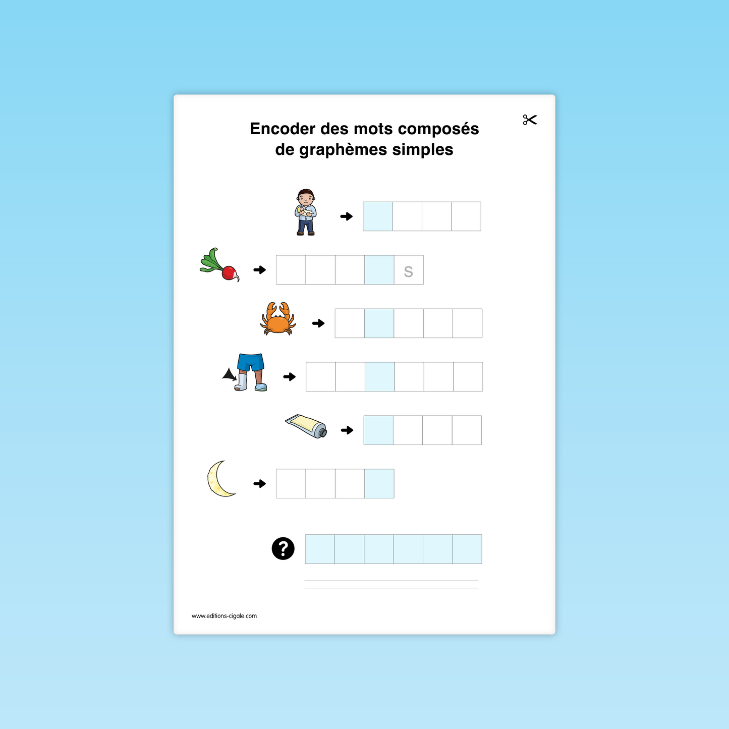 Fiche combinatoire CP : encoder les mots illustrés (crabe, radis, lune, short, tapis).