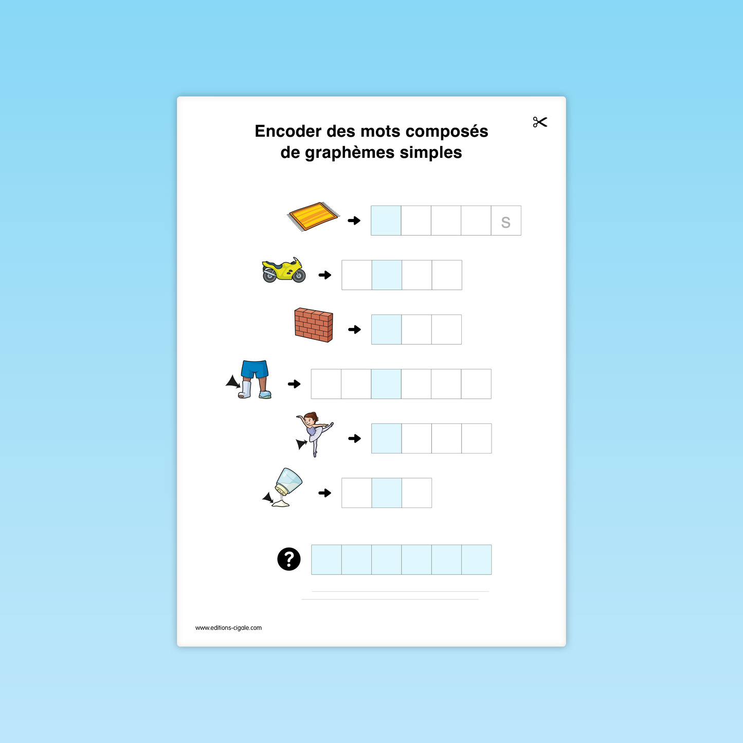 Activité combinatoire CP : encoder les mots (tapis, mur, brique, danseuse, sel).