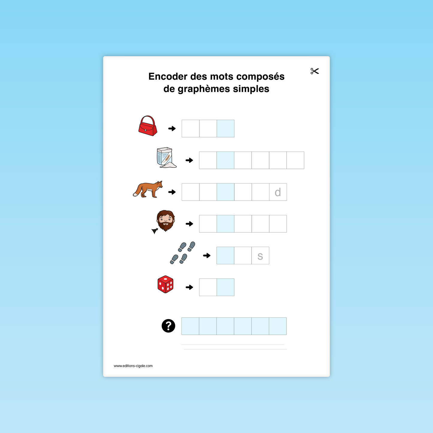 Fiche combinatoire CP : encoder des mots simples (sac, farine, renard, barbe, dés).