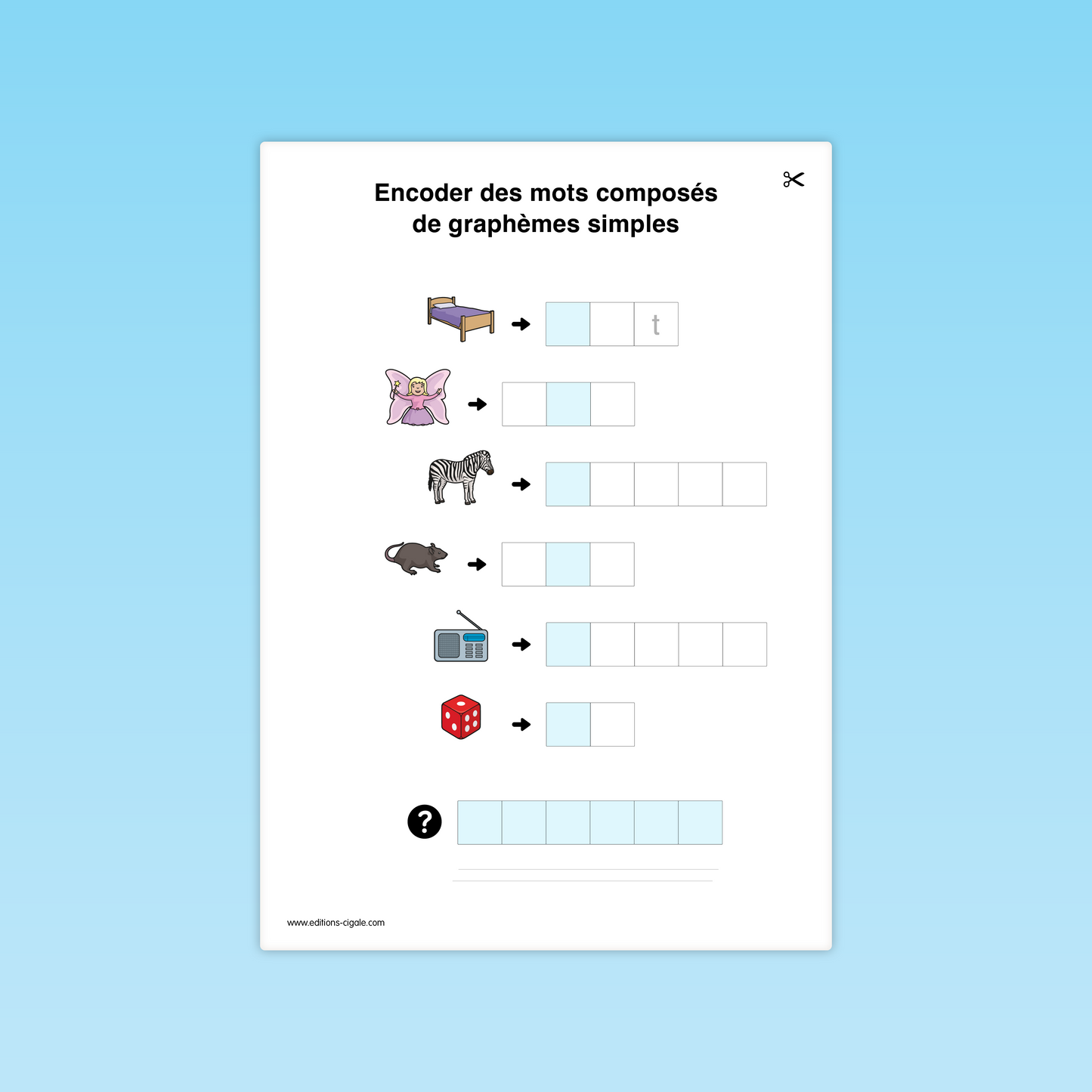 Fiche combinatoire CP : encoder des mots illustrés (lit, fée, zèbre, rat, radio).