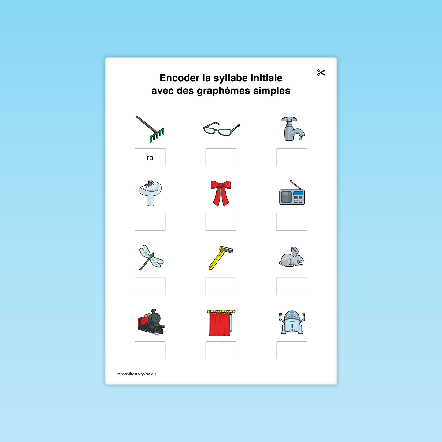 Activité combinatoire CP : encoder la syllabe initiale d’images variées (râteau, radio, rideau).