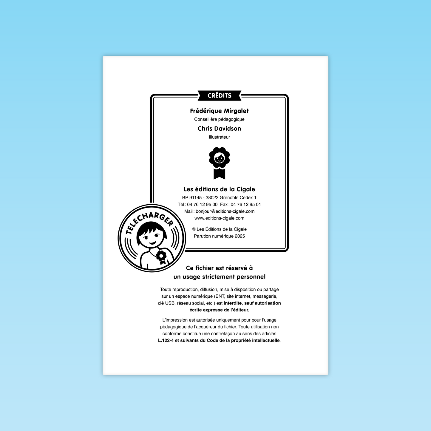 Page de crédits et mentions légales des fiches combinatoires CP des Éditions La Cigale.