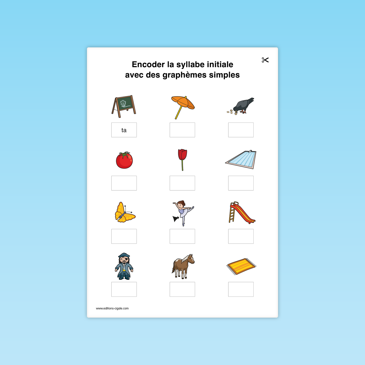 Fiche combinatoire CP : encoder la syllabe initiale de mots simples (tableau, toboggan, tomate).