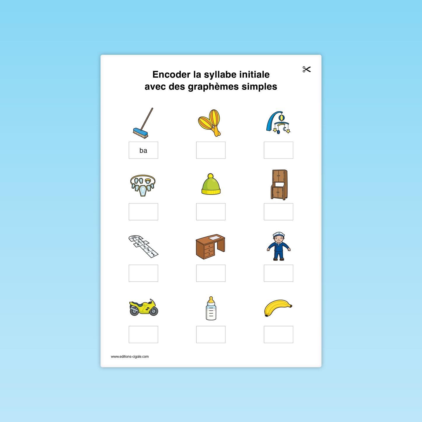 Fiche CP : écrire la syllabe initiale d’images illustrées (balai, bonnet, bureau, moto).