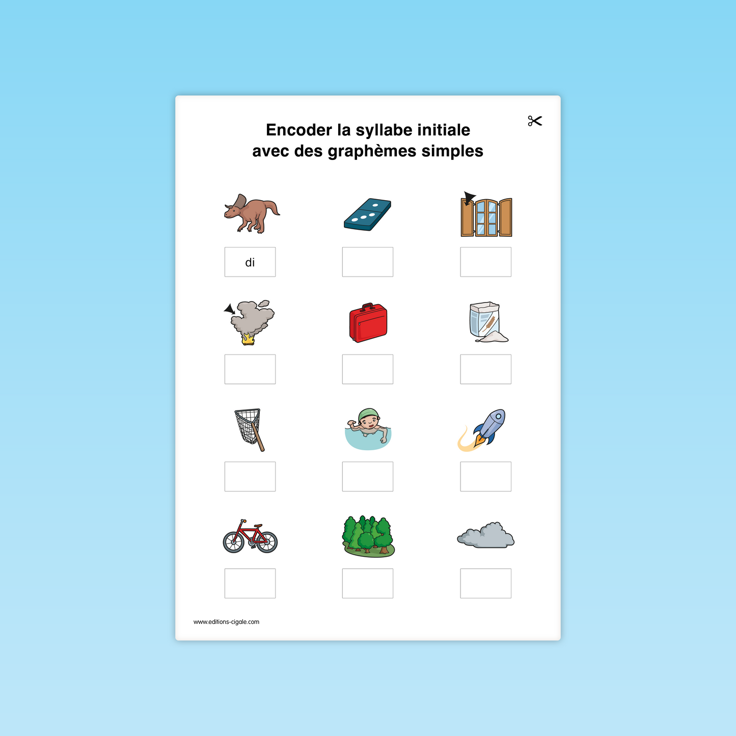 Activité combinatoire CP : encoder la syllabe initiale d’objets et animaux (dinosaure, valise, vélo, nuage).
