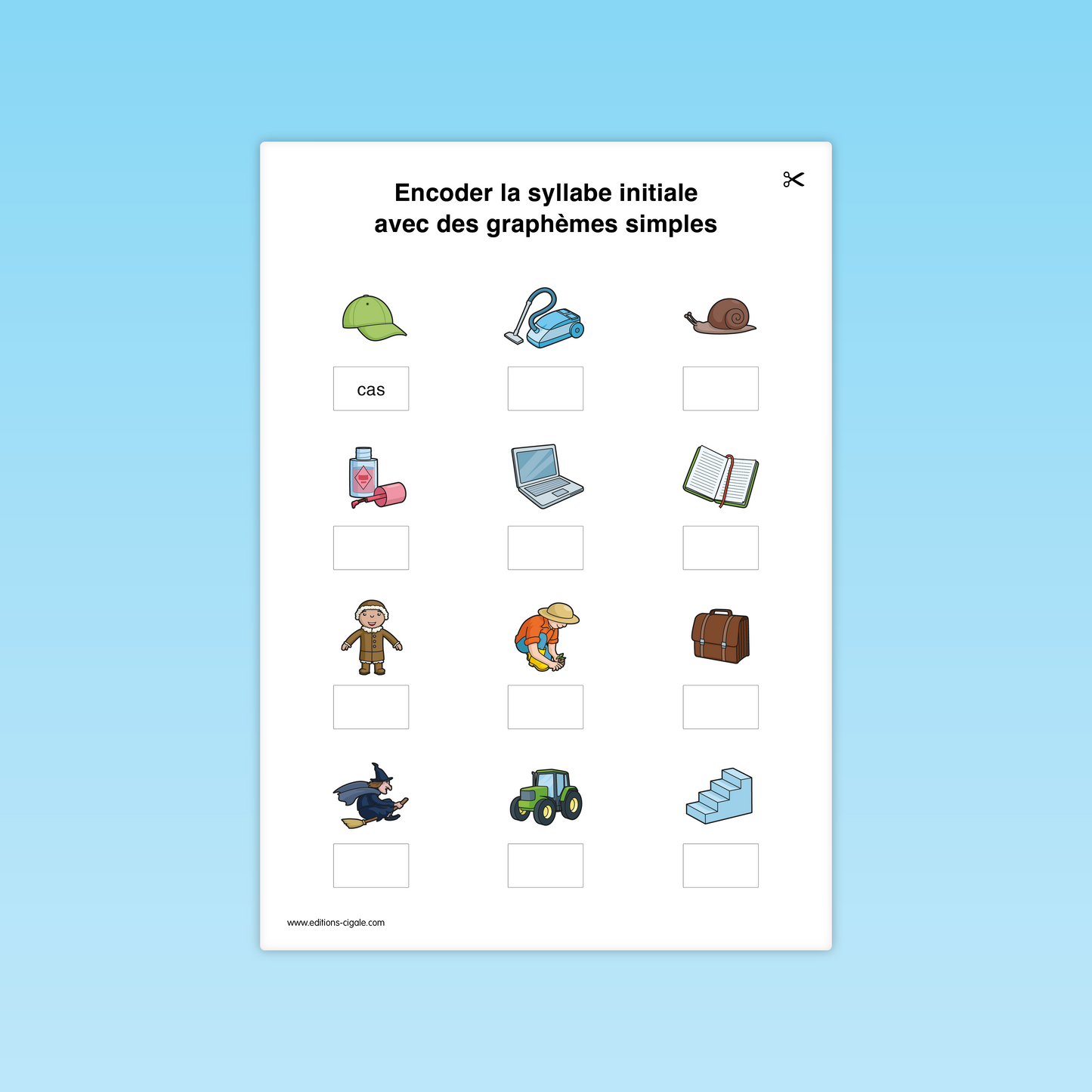 Fiche combinatoire CP : écrire la syllabe initiale manquante d’objets et animaux (casquette, escargot, livre).