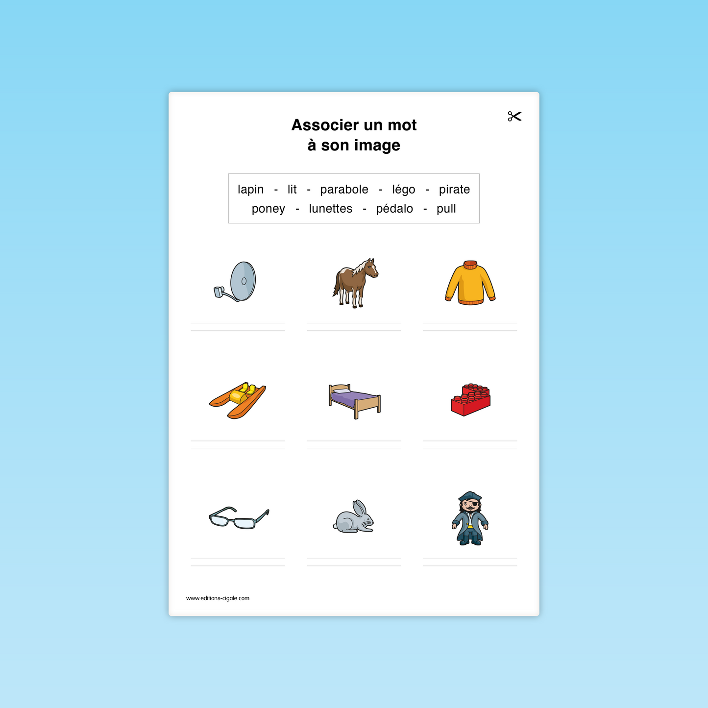 Fiche combinatoire CP : associer les mots à leurs images (pédalo, lit, lapin, lunettes).