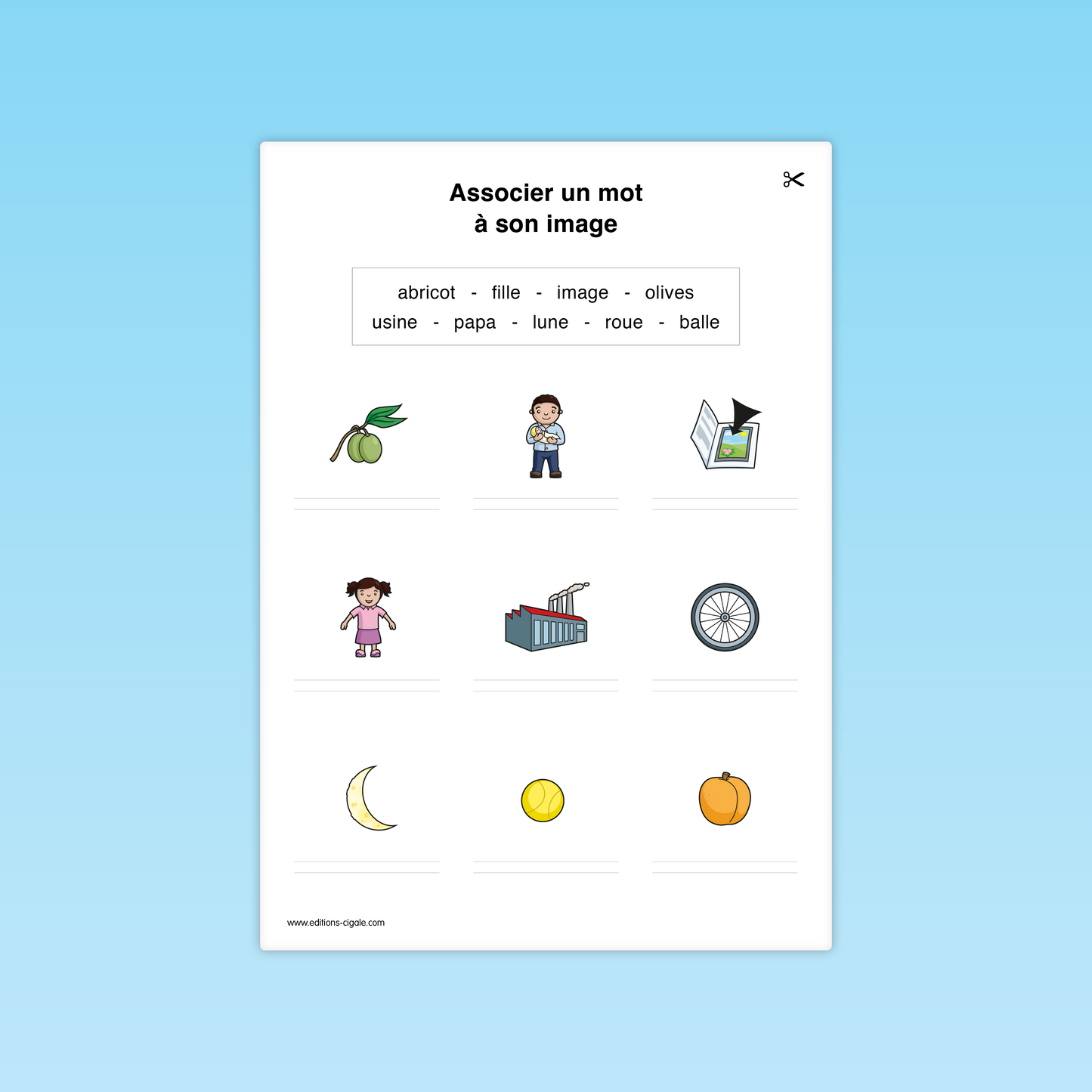 Fiche combinatoire CP : associer les mots à leurs images (papa, fille, roue, abricot).