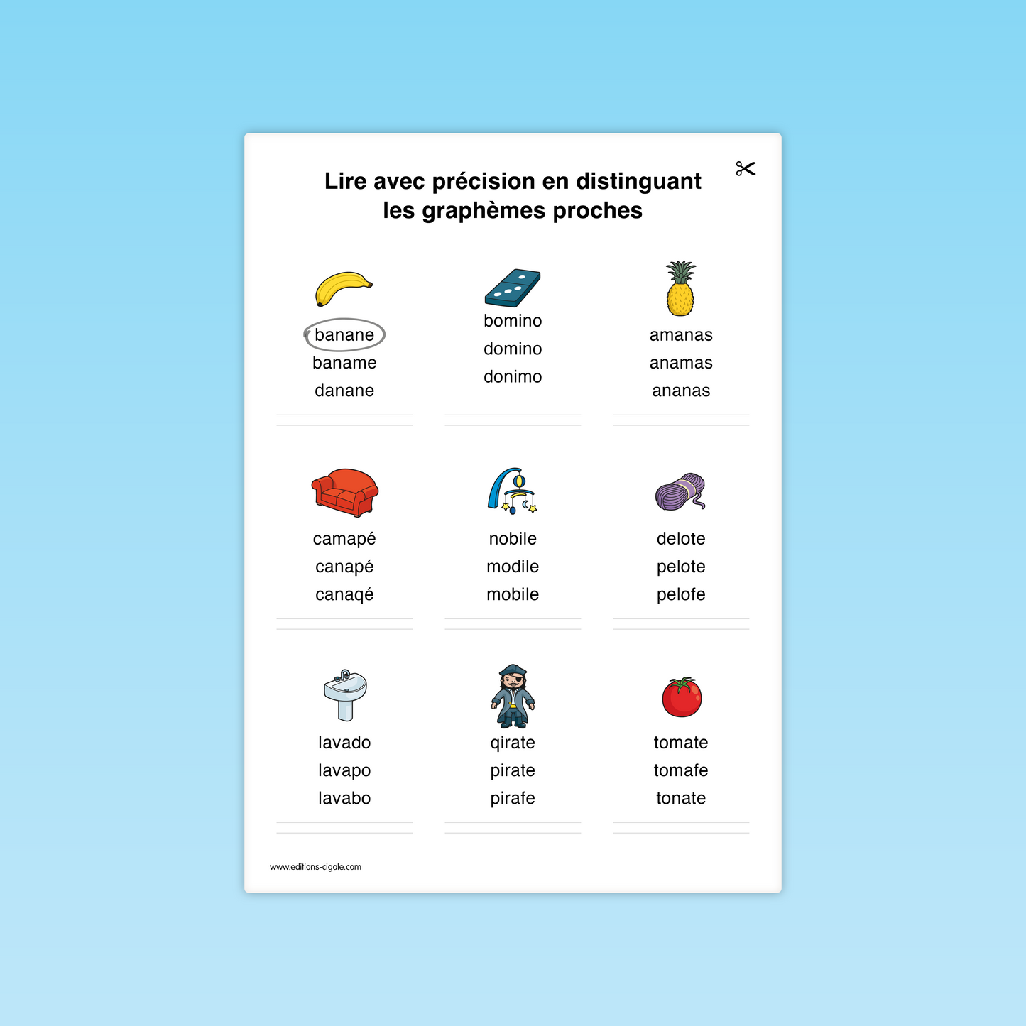 Activité combinatoire CP : lire des mots proches (banane, mobile, lavabo, pirate).