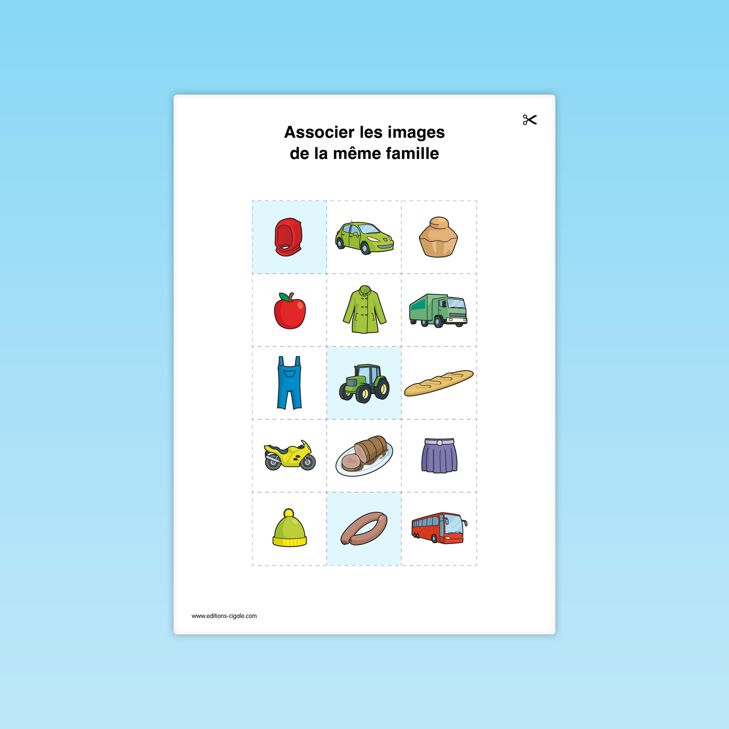 Fiche vocabulaire GS : regrouper des images d’une même catégorie (vêtements, véhicules, aliments).