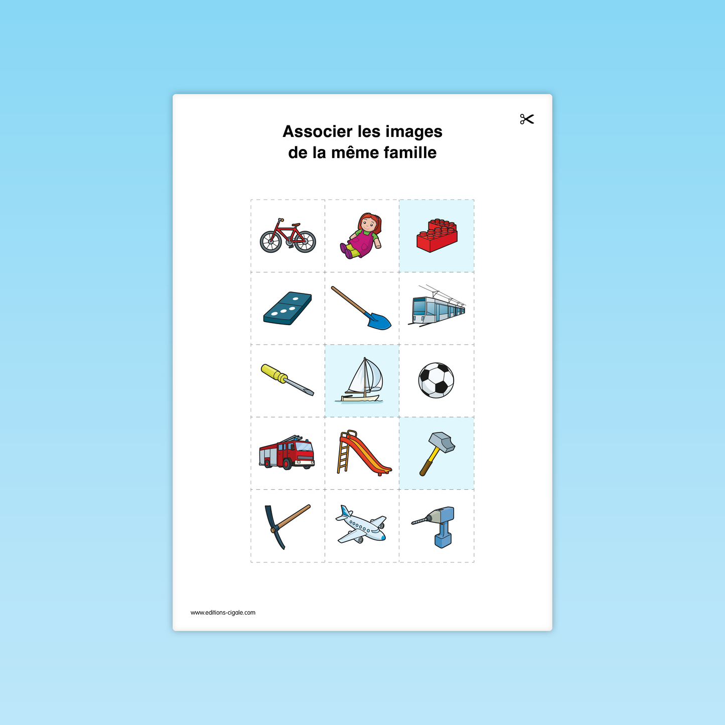 Fiche vocabulaire GS : trier et associer des images d’une même catégorie (jouets, véhicules, outils).