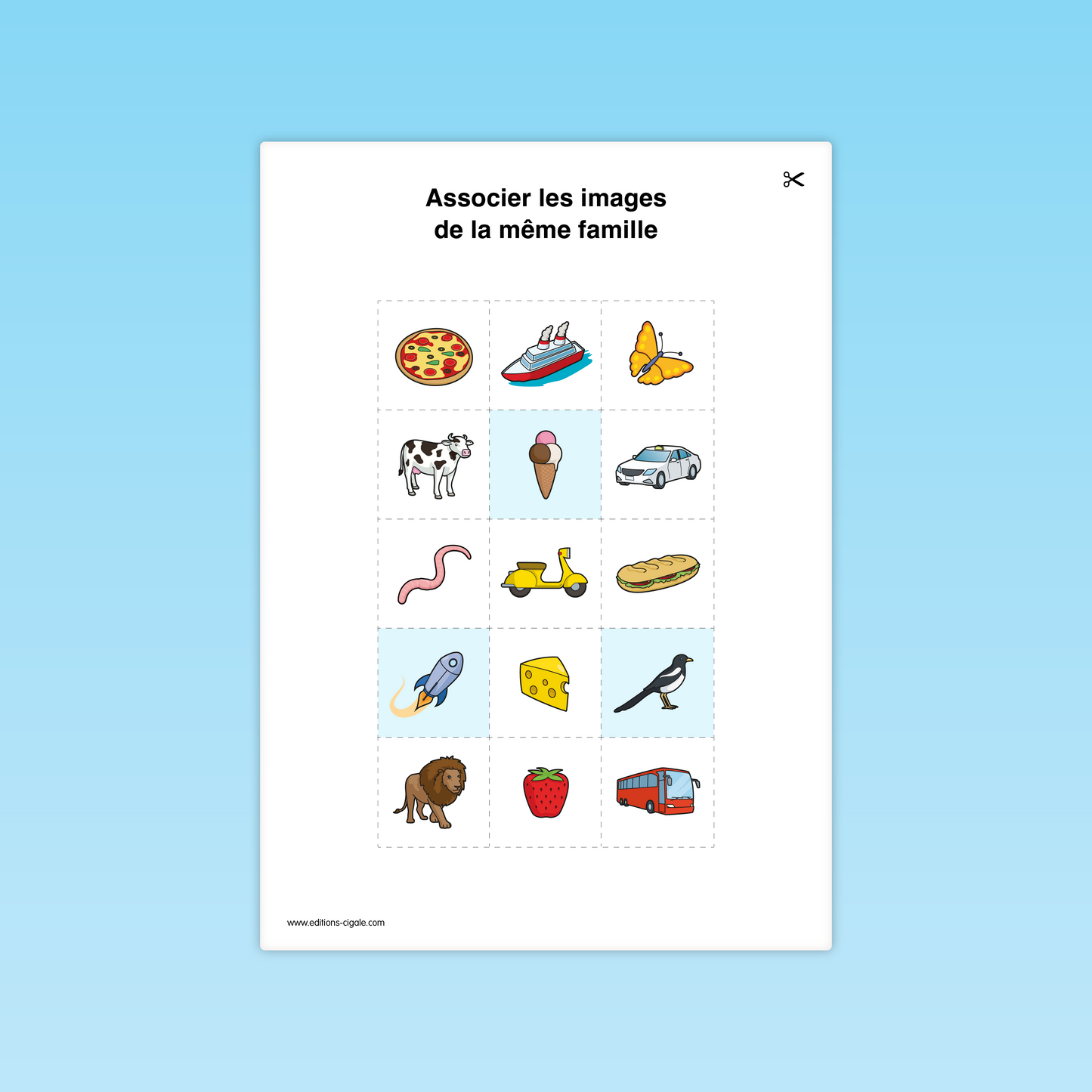 Activité GS : trier les images selon la famille d’objets (aliments, animaux, véhicules).