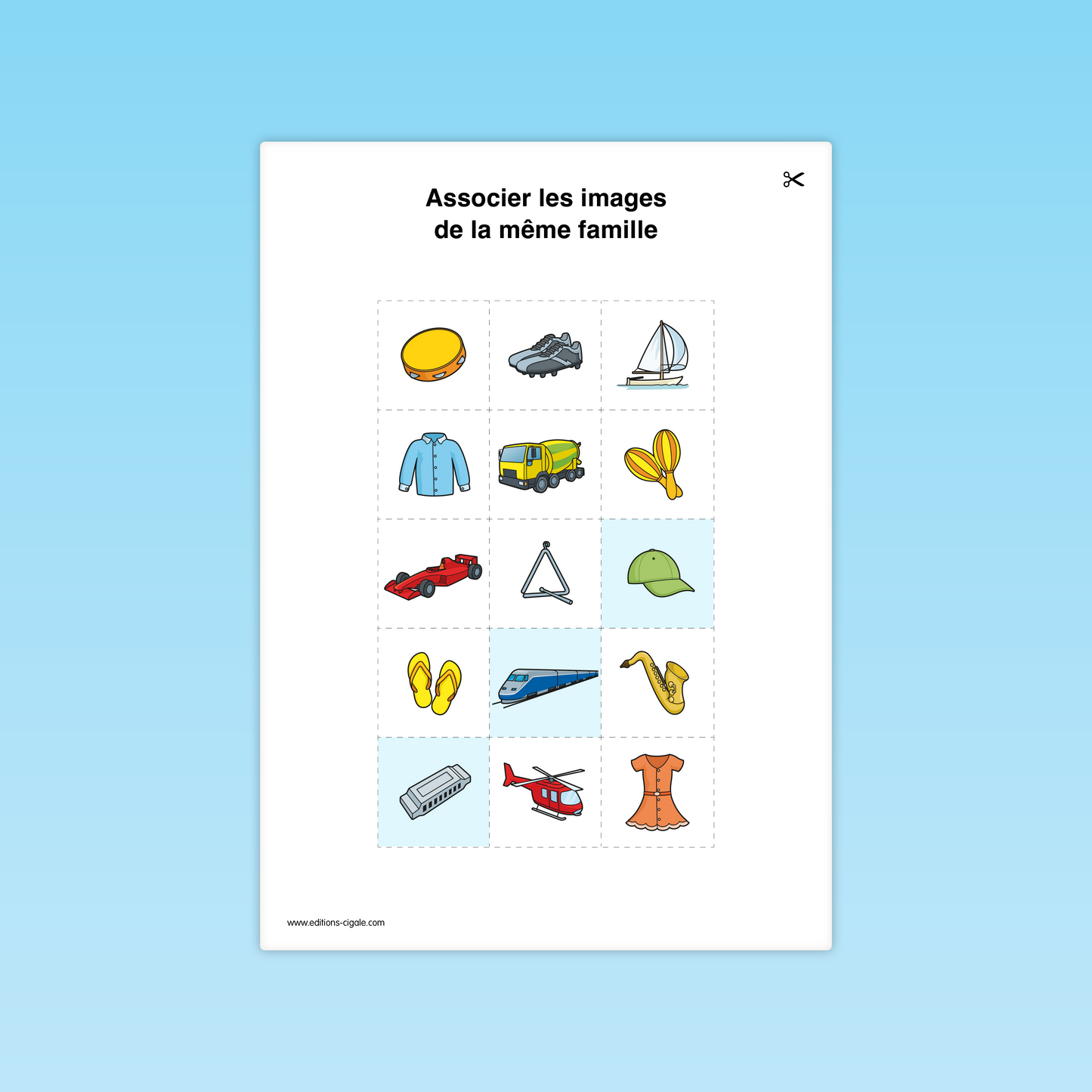 Activité GS : regrouper les images appartenant à la même catégorie (vêtements, sports, transports).