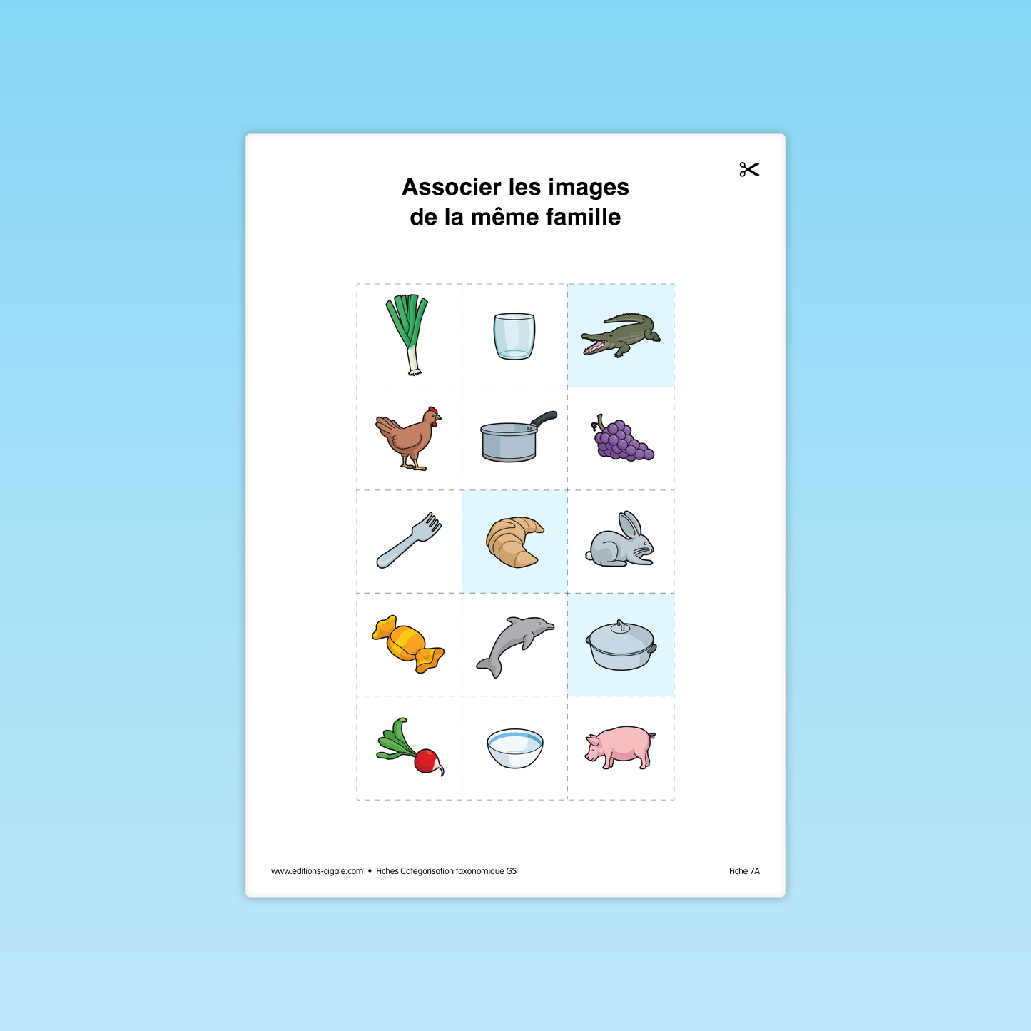 Activité GS : trier des images d’aliments, d’animaux et d’ustensiles de cuisine.