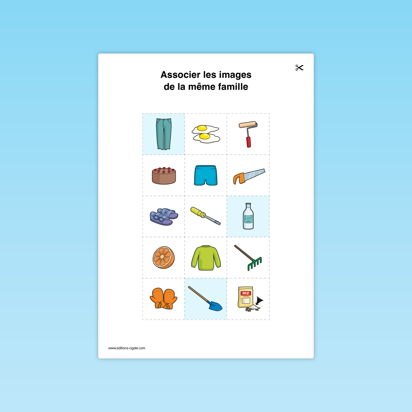 Fiche vocabulaire GS : regrouper des vêtements, outils et aliments.