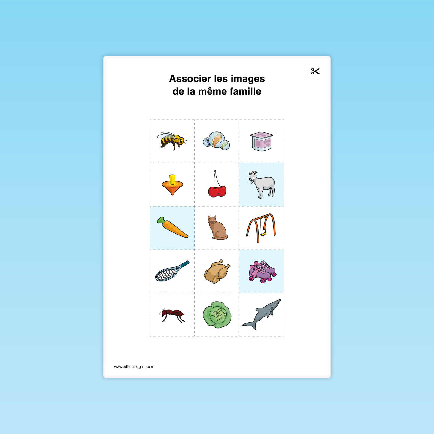 Fiche vocabulaire GS : trier et associer des images d’une même catégorie (jouets, véhicules, outils).