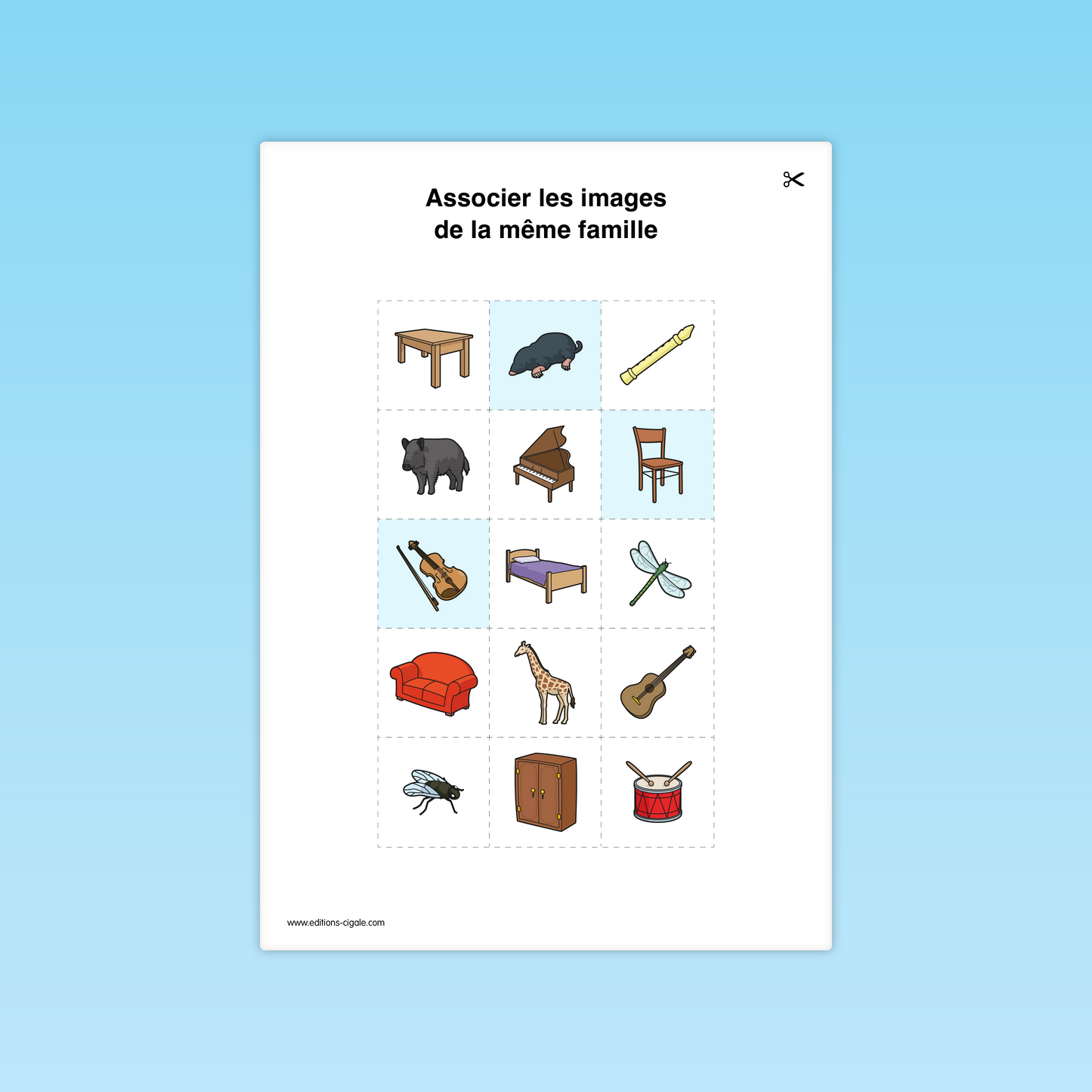 Fiche vocabulaire GS : regrouper des images appartenant à la même catégorie (instruments, animaux, meubles).